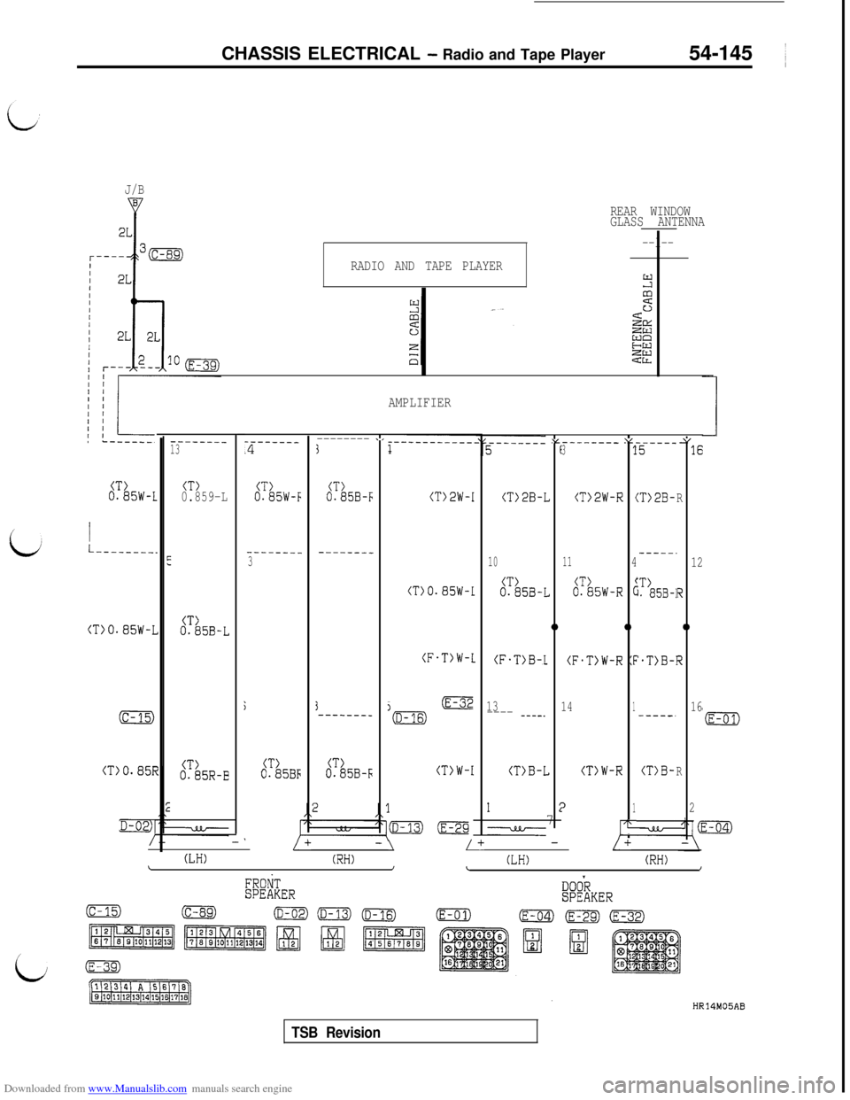 MITSUBISHI 3000GT 1996 2.G User Guide Downloaded from www.Manualslib.com manuals search engine CHASSIS ELECTRICAL - Radio and Tape Player
54-145 ~
J/B
REAR WINDOW
GLASS ANTENNA
--l--
RADIO AND TAPE PLAYER2
CT>0.85W-L
I
LJ
I
I
L--------.
(