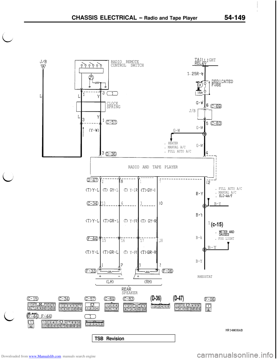 MITSUBISHI 3000GT 1994 2.G Workshop Manual Downloaded from www.Manualslib.com manuals search engine CHASSIS ELECTRICAL - Radio and Tape Player
RADIO REMOTE
CONTROL SWITCHKK1
1.25R-kr
@
GHT
1
;@ATED
i
I6CLOCKSPRINGJ/B
r
. FULL AUTO A/C
G-WG-W
.