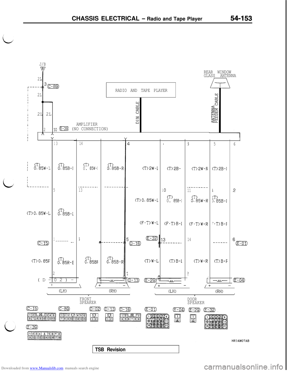 MITSUBISHI 3000GT 1995 2.G Workshop Manual Downloaded from www.Manualslib.com manuals search engine CHASSIS ELECTRICAL - Radio and Tape Player54-153
J/BB
P2L
REAR WINDOW
GLASS ANTENNA
/\
IRADIO AND TAPE PLAYERI2LIIIIIYII
I2L 2L3IIIzIE;IAMPLIF