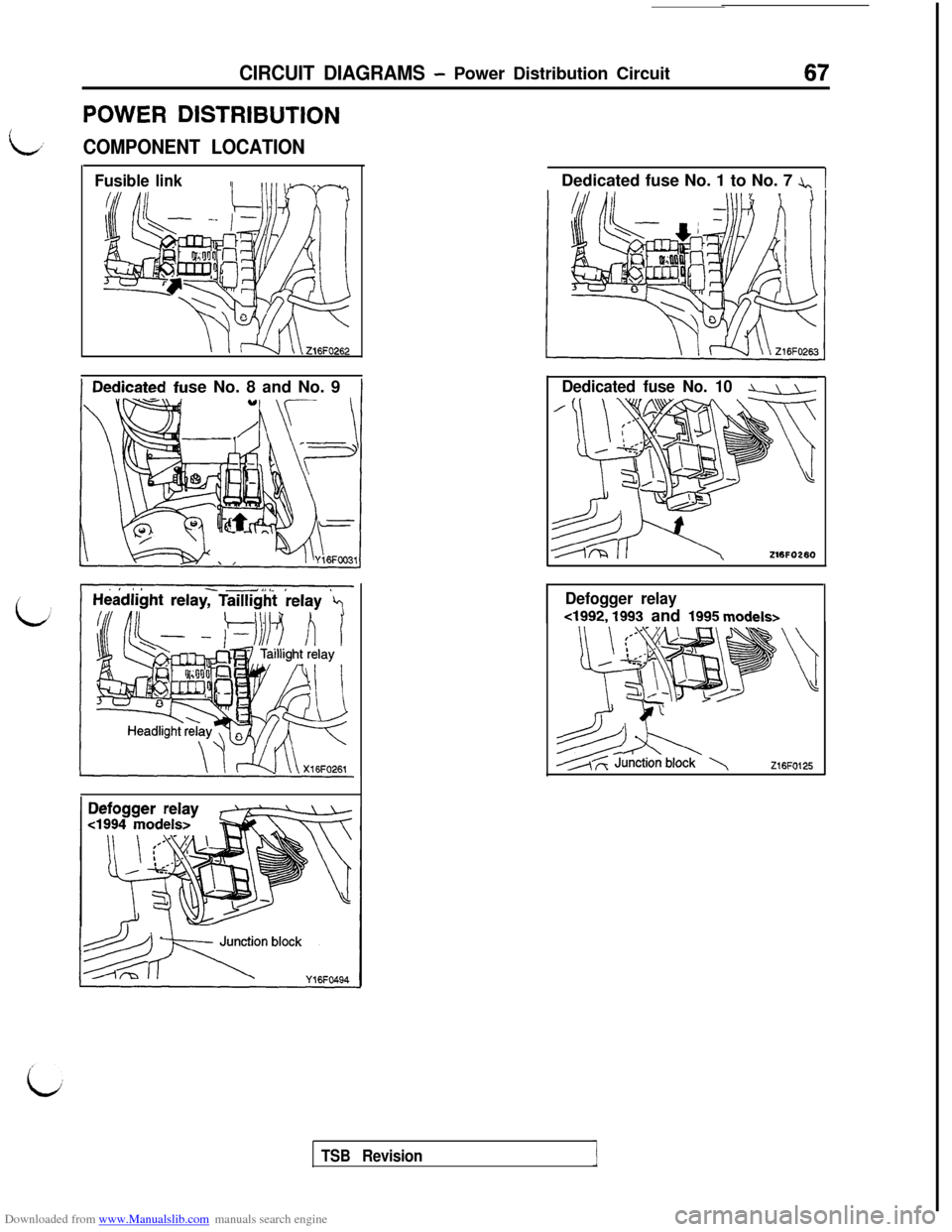 MITSUBISHI 3000GT 1992 2.G Workshop Manual Downloaded from www.Manualslib.com manuals search engine CIRCUIT DIAGRAMS - Power Distribution Circuit67
POWER DISTRIBUTION
L,’COMPONENT LOCATION
Fusible linkse No. 8 and No. 9Dedicated fuse No. 1 t