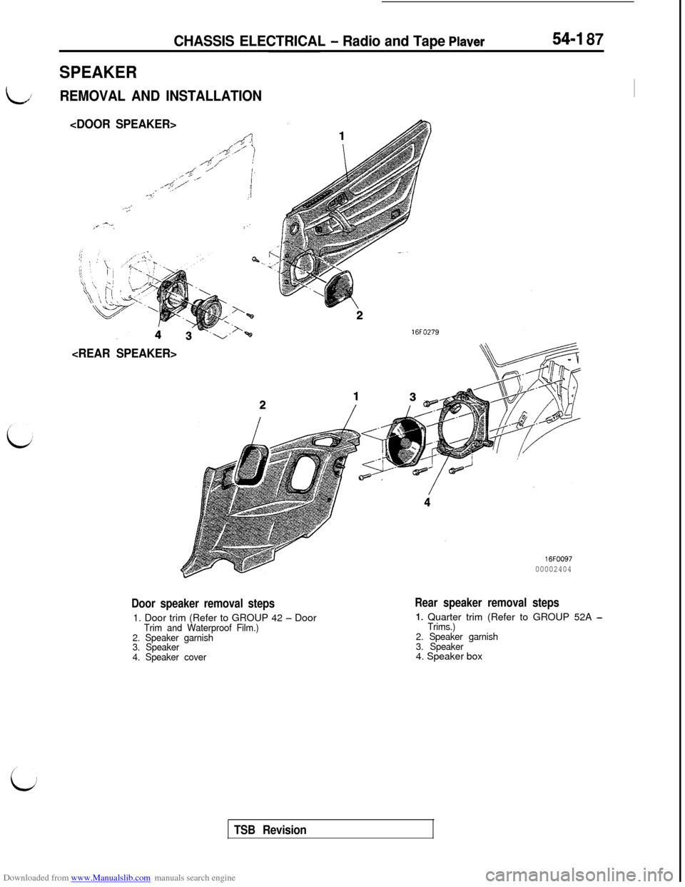 MITSUBISHI 3000GT 1992 2.G Workshop Manual Downloaded from www.Manualslib.com manuals search engine CHASSIS ELECTRICAL - Radio and Tape Plaver54-I 87
SPEAKER
L/REMOVAL AND INSTALLATION~
<DOOR SPEAKER>
,/$‘I./$I/’ j/$/” 1
4./’I:” .,I�