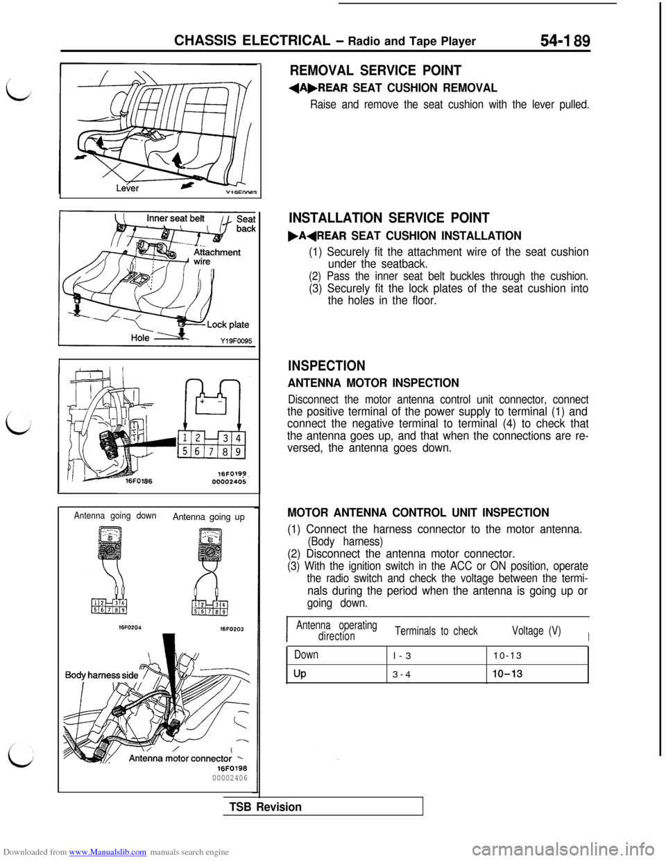 MITSUBISHI 3000GT 1996 2.G Owners Guide Downloaded from www.Manualslib.com manuals search engine CHASSIS ELECTRICAL - Radio and Tape Player54-I 89
Antenna going downAntenna going up
16FO203
16F019800002406
REMOVAL SERVICE POINT
+A,REAR SEAT