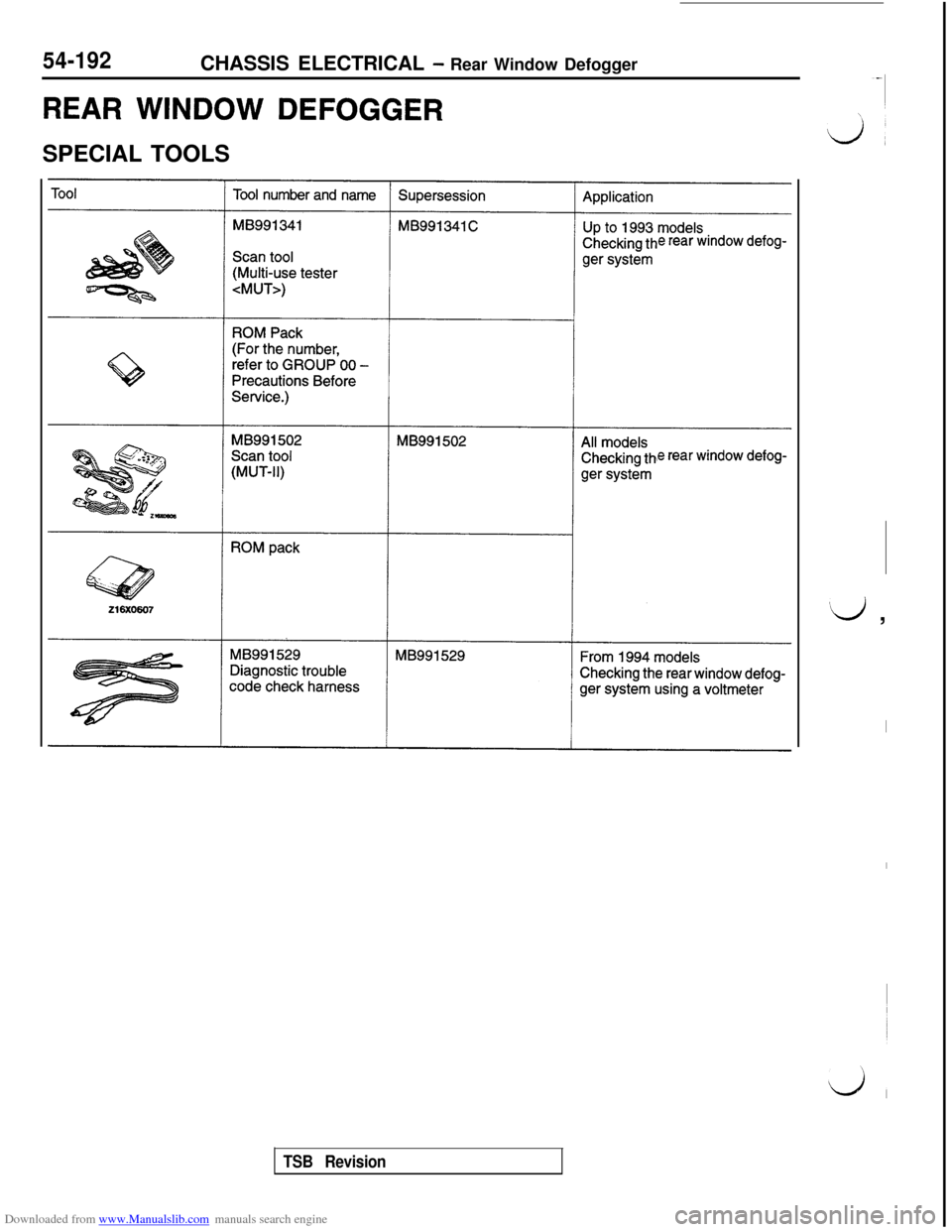 MITSUBISHI 3000GT 1994 2.G Workshop Manual Downloaded from www.Manualslib.com manuals search engine 54-192CHASSIS ELECTRICAL - Rear Window Defogger
REAR WINDOW DEFOGGERSPECIAL TOOLS
e rear window defog-
e rear window defog-
‘d ,
I
TSB Revisi