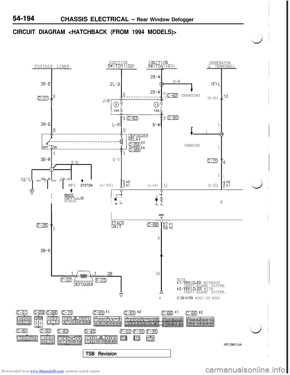 MITSUBISHI 3000GT 1996 2.G Repair Manual Downloaded from www.Manualslib.com manuals search engine 54-194CHASSIS ELECTRICAL - Rear Window Defogger
CIRCUIT DIAGRAM <HATCHBACK (FROM 1994 MODELS)>
FUSIBLE LINK@IGNITIONSWITCH(IG2)IGNIlSWIT(
I1 1O