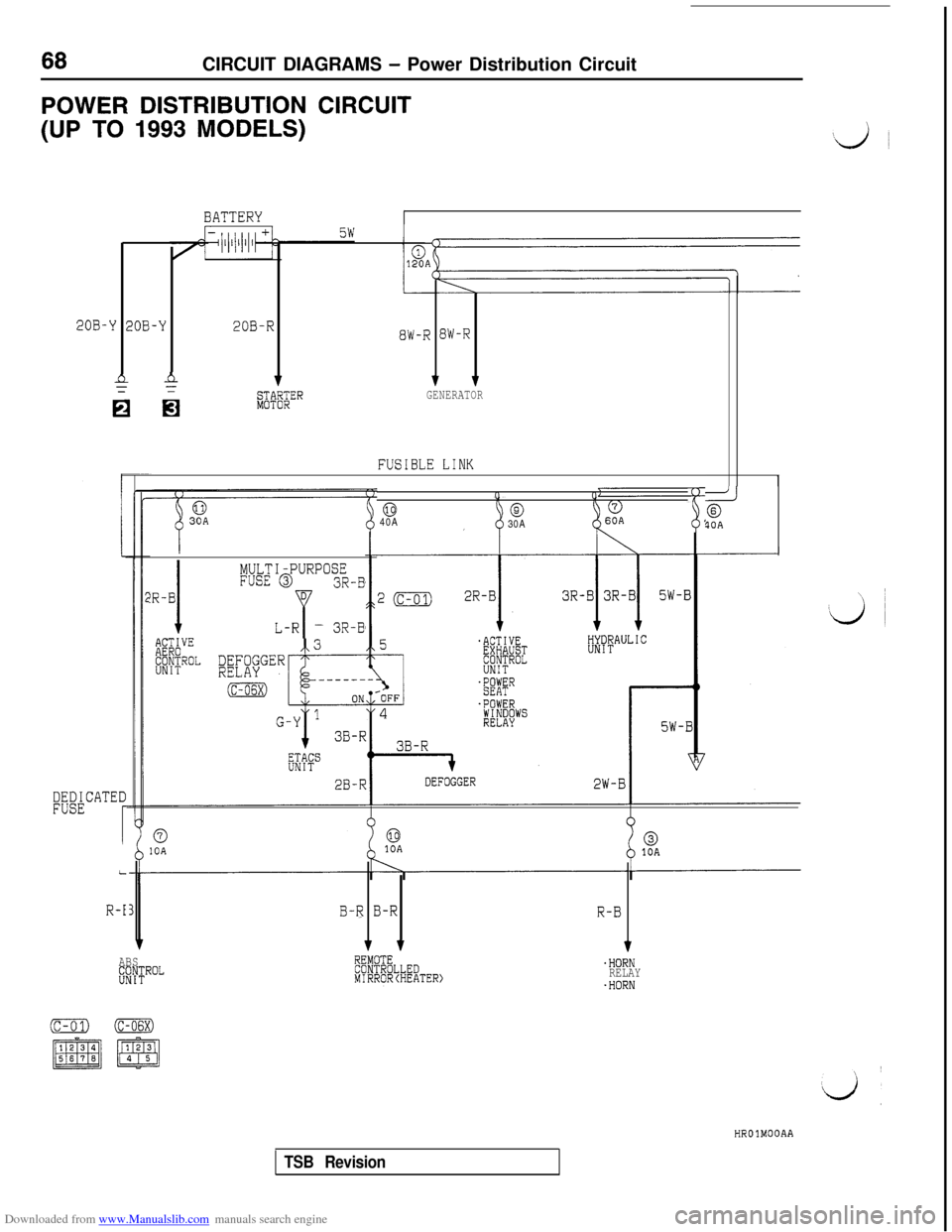 MITSUBISHI 3000GT 1993 2.G User Guide Downloaded from www.Manualslib.com manuals search engine 68CIRCUIT DIAGRAMS - Power Distribution Circuit
POWER DISTRIBUTION CIRCUIT
(UP TO 1993 MODELS)
BATTERY
Y 2QB-Y20B-R8W-R BW-R
nA111
n ni;+!$;ERG