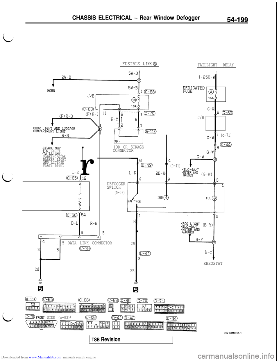 MITSUBISHI 3000GT 1995 2.G Workshop Manual Downloaded from www.Manualslib.com manuals search engine CHASSIS ELECTRICAL - Rear Window Defogger54-199
LJ
FUSIBLE LINKa
I
(c-83)L
(F>R-B(F>R-i
DOOR LIGHT AND LUGGAGECOMPARTMENF
.HEADLIGHT,FOG LIGHT.