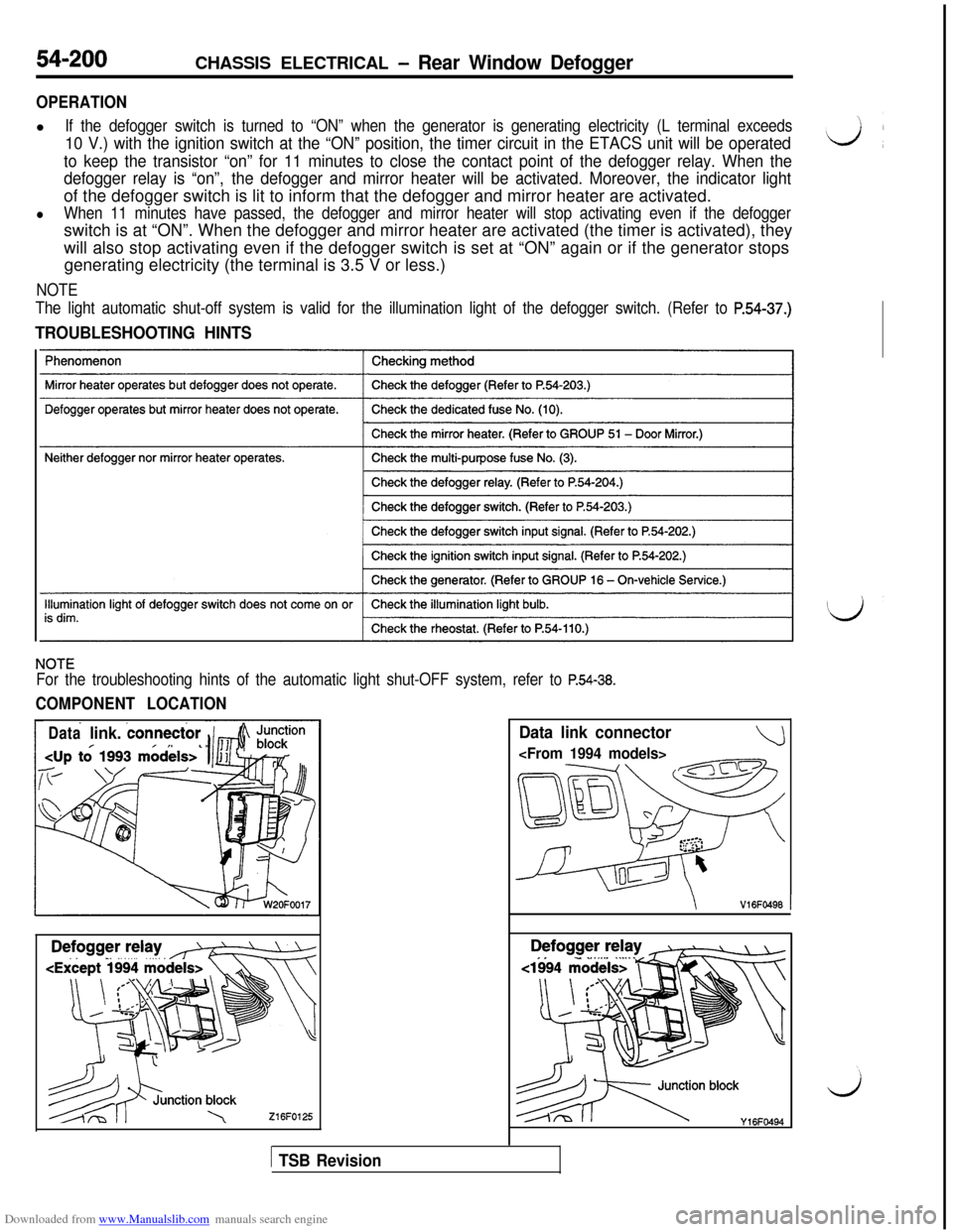 MITSUBISHI 3000GT 1994 2.G Owners Manual Downloaded from www.Manualslib.com manuals search engine 54-200CHASSIS ELECTRICAL - Rear Window Defogger
OPERATIONl
If the defogger switch is turned to “ON” when the generator is generating electr