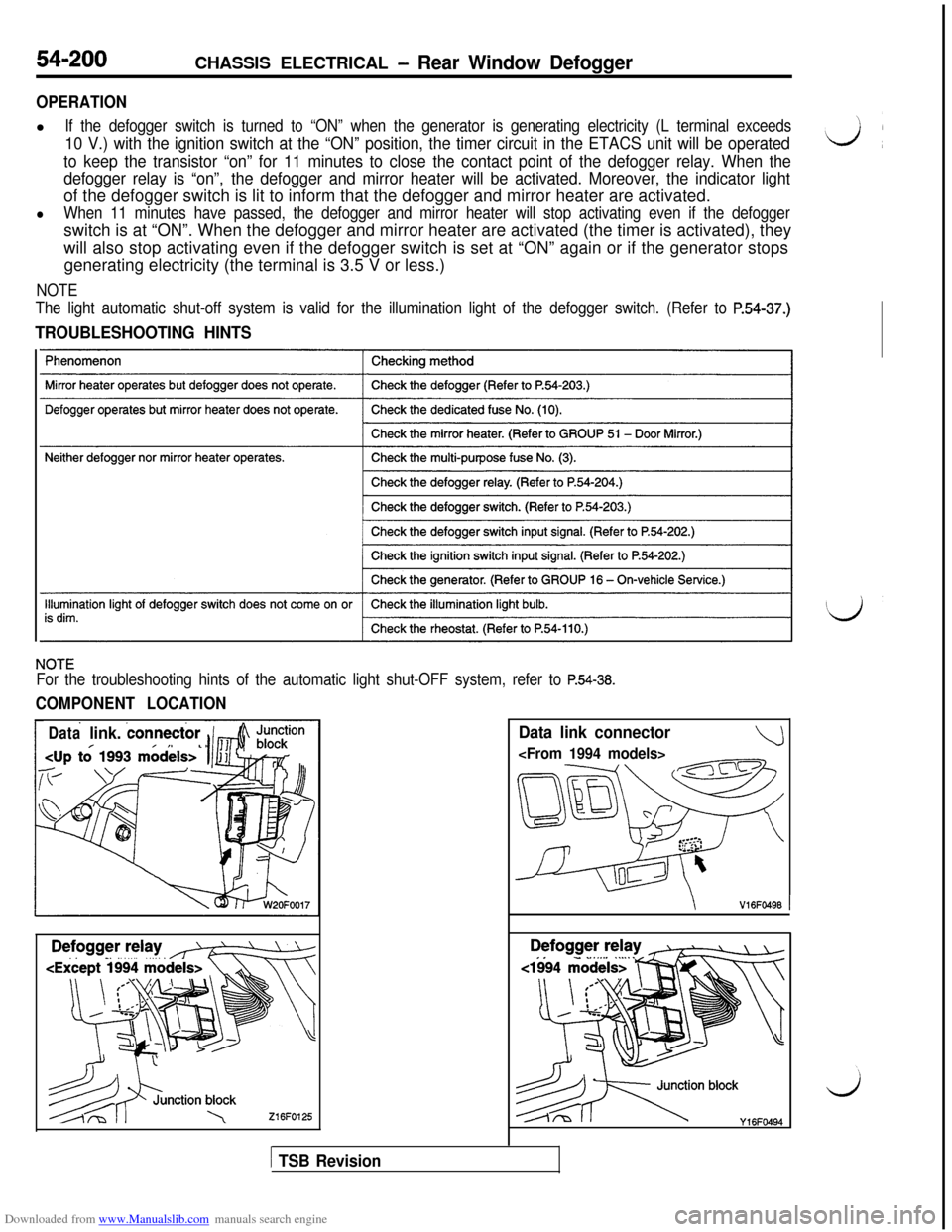 MITSUBISHI 3000GT 1992 2.G Workshop Manual Downloaded from www.Manualslib.com manuals search engine 54-200CHASSIS ELECTRICAL - Rear Window Defogger
OPERATIONl
If the defogger switch is turned to “ON” when the generator is generating electr