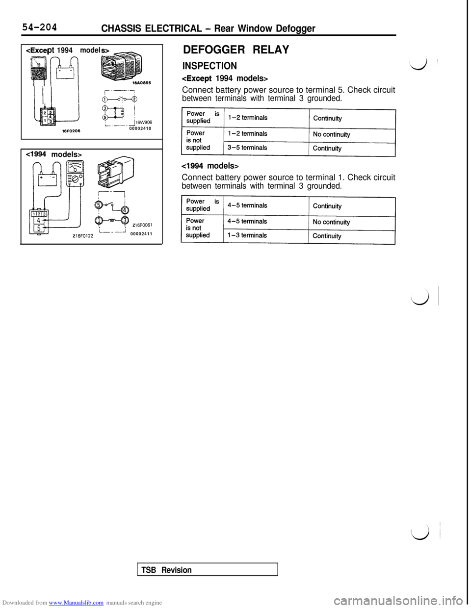 MITSUBISHI 3000GT 1993 2.G Owners Manual Downloaded from www.Manualslib.com manuals search engine <pt 1994modelDEFOGGER RELAY
INSPECTION
<Except 1994 models>
I I IIQ!-hh&Connect battery power source to terminal 5. Check circuitbetween termin