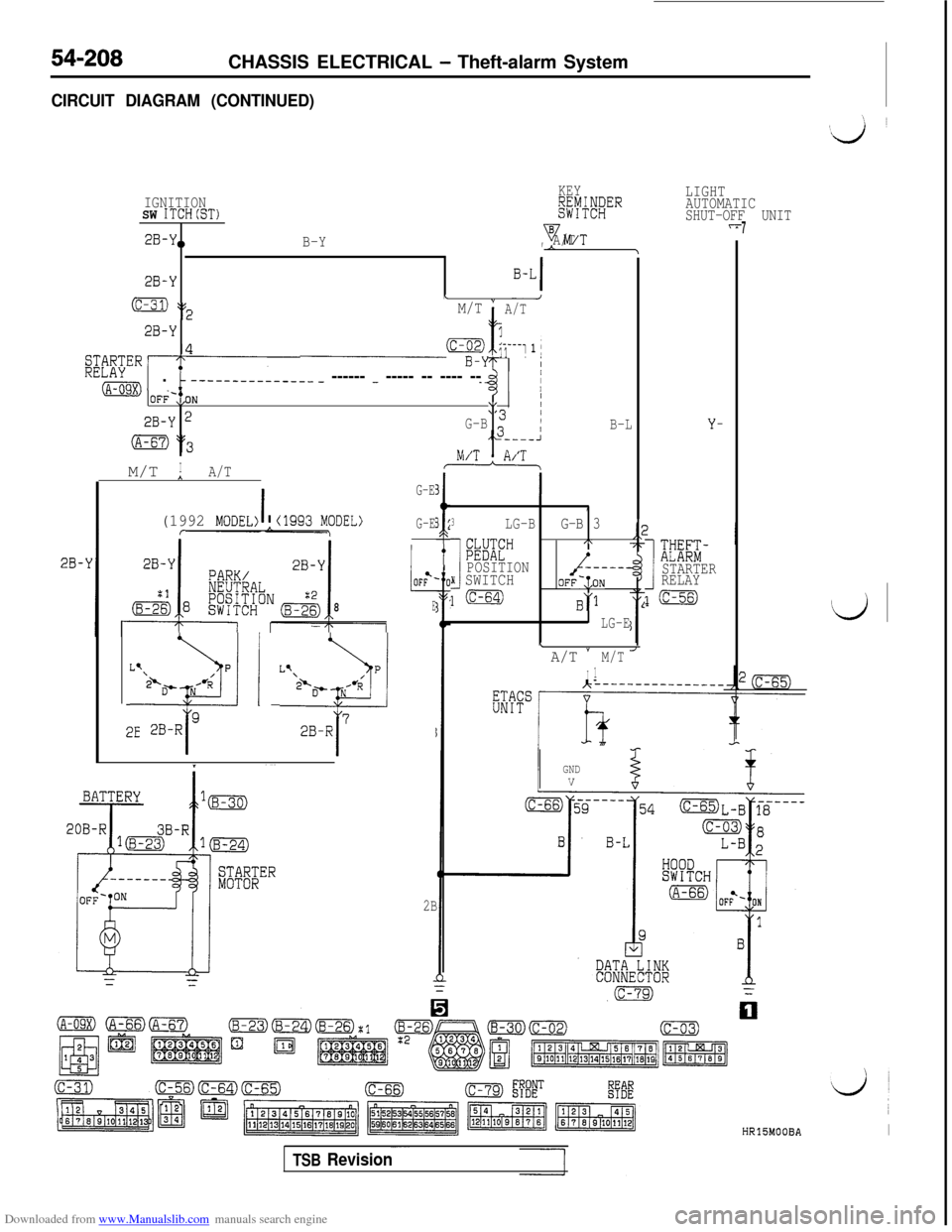 MITSUBISHI 3000GT 1992 2.G Workshop Manual Downloaded from www.Manualslib.com manuals search engine 54-208CHASSIS ELECTRICAL - Theft-alarm System
CIRCUIT DIAGRAM (CONTINUED)
LIGHT
AUTOMATIC
SHUT-OFF UNIT IGNITIONKEY
SW ITCH(ST)I#$!;"
2B-Y0B-Y