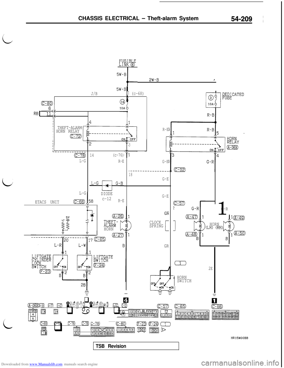 MITSUBISHI 3000GT 1992 2.G Workshop Manual Downloaded from www.Manualslib.com manuals search engine CHASSIS ELECTRICAL - Theft-alarm System54-209 ~
i
FUSIB ELINK 6
T 2,,-B ,
5W-BJ/B,,l (c-68)\
T,,
RBI 11;;‘I‘I
 THEFT-ALARMi HORN RELAYI
I