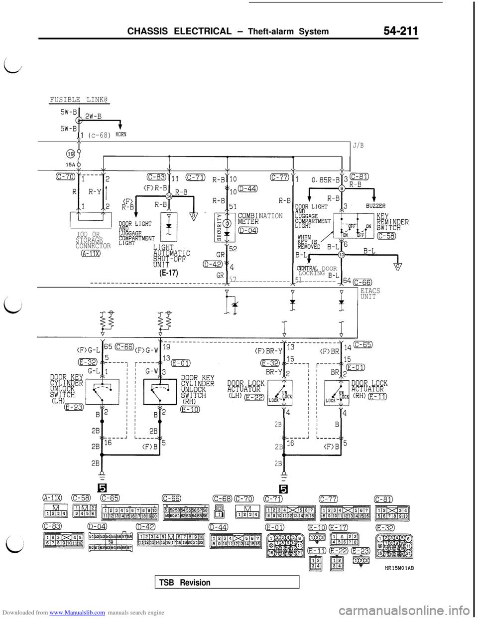 MITSUBISHI 3000GT 1992 2.G Workshop Manual Downloaded from www.Manualslib.com manuals search engine CHASSIS ELECTRICAL - Theft-alarm System54-211
ii
FUSIBLE LINK@I
/
LJ
5W-B+
,,l (c-68) HORN,\J/B
IOD ORSTORAGE
CONNECTOR
(A-11X)
V1,\,\/
ED“11