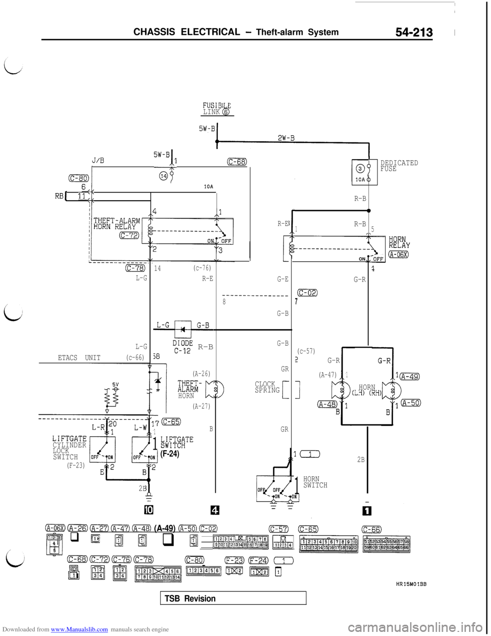 MITSUBISHI 3000GT 1993 2.G Owners Manual Downloaded from www.Manualslib.com manuals search engine CHASSIS ELECTRICAL - Theft-alarm System54-213 1
FUSIB ELINK sb
~,J/B ‘;/I (c-68),DEDICATED
FUSE
R-B
0
1R-B5
6,,10A
RB[ 11;;
I‘
(c-78)
L-G
R