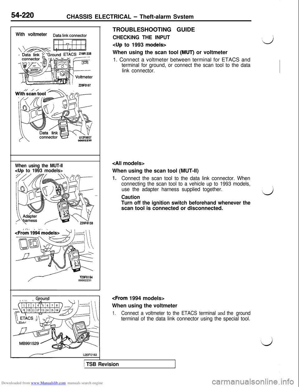 MITSUBISHI 3000GT 1992 2.G Workshop Manual Downloaded from www.Manualslib.com manuals search engine 54-220CHASSIS ELECTRICAL - Theft-alarm Svstem
With voltmeterData link connector
\‘%S$F- Data link t Ground ETACS z16R1338
When using the MUT-