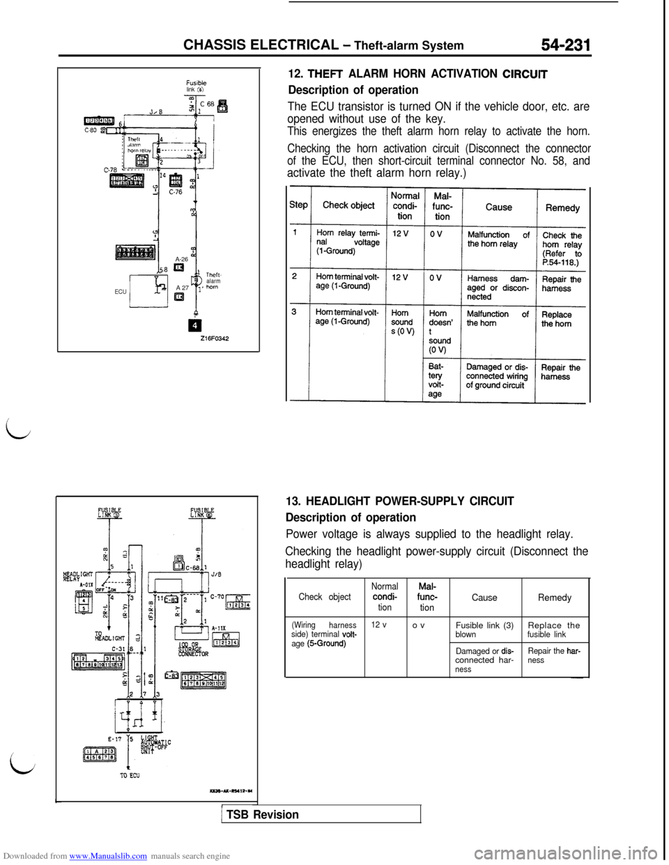 MITSUBISHI 3000GT 1992 2.G Workshop Manual Downloaded from www.Manualslib.com manuals search engine i
LCHASSIS ELECTRICAL 
- Theft-alarm System54-231
Fwbklink (6)A-26
8=’ Theft-
alarm
ECUA 27
i
1 *horn
al
Z16FO342
TO Ecu
auO-U-RS4I2-YI
12. T