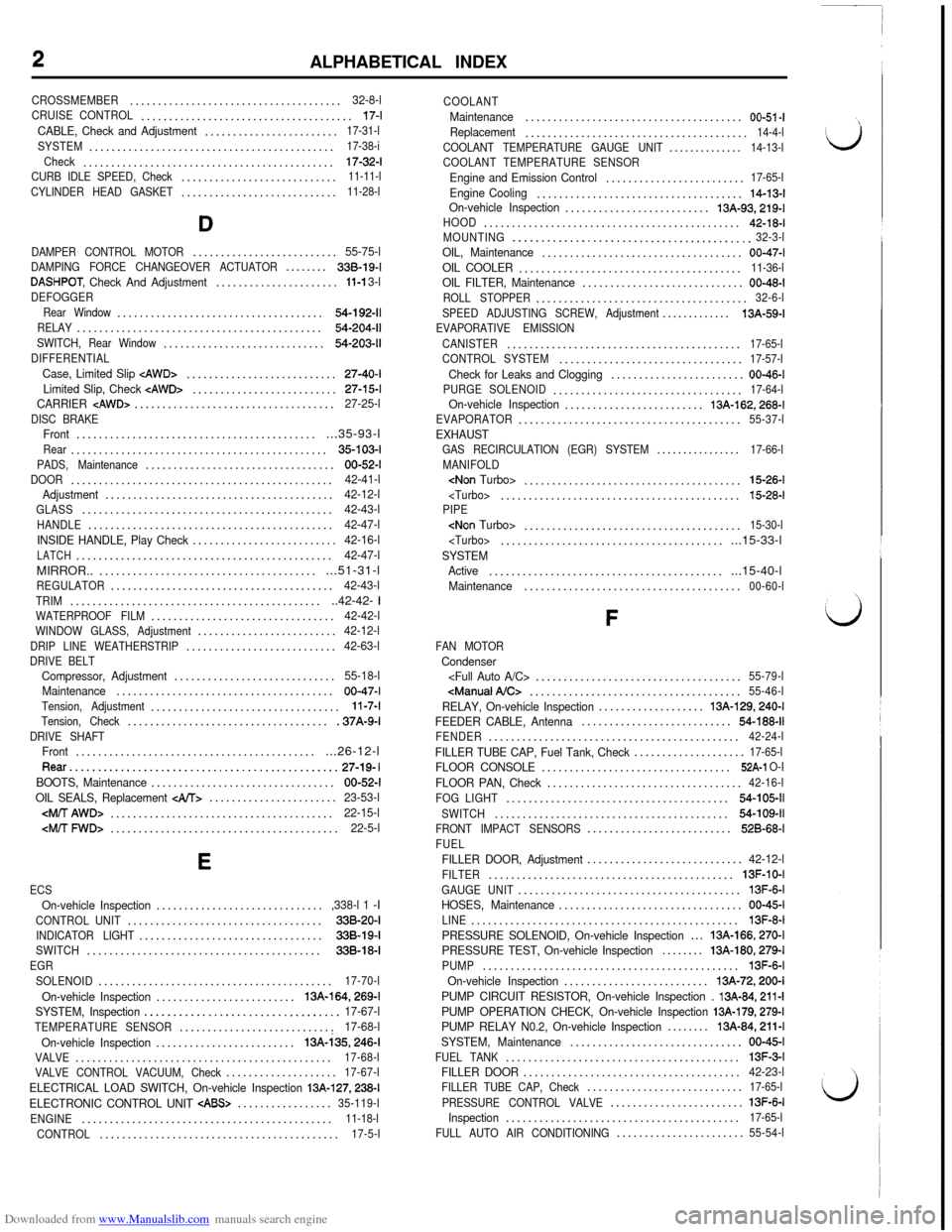 MITSUBISHI 3000GT 1996 2.G Owners Manual Downloaded from www.Manualslib.com manuals search engine ALPHABETICAL INDEX
CROSSMEMBER......................................32-8-lCRUISE CONTROL......................................17-t
CABLE, Check