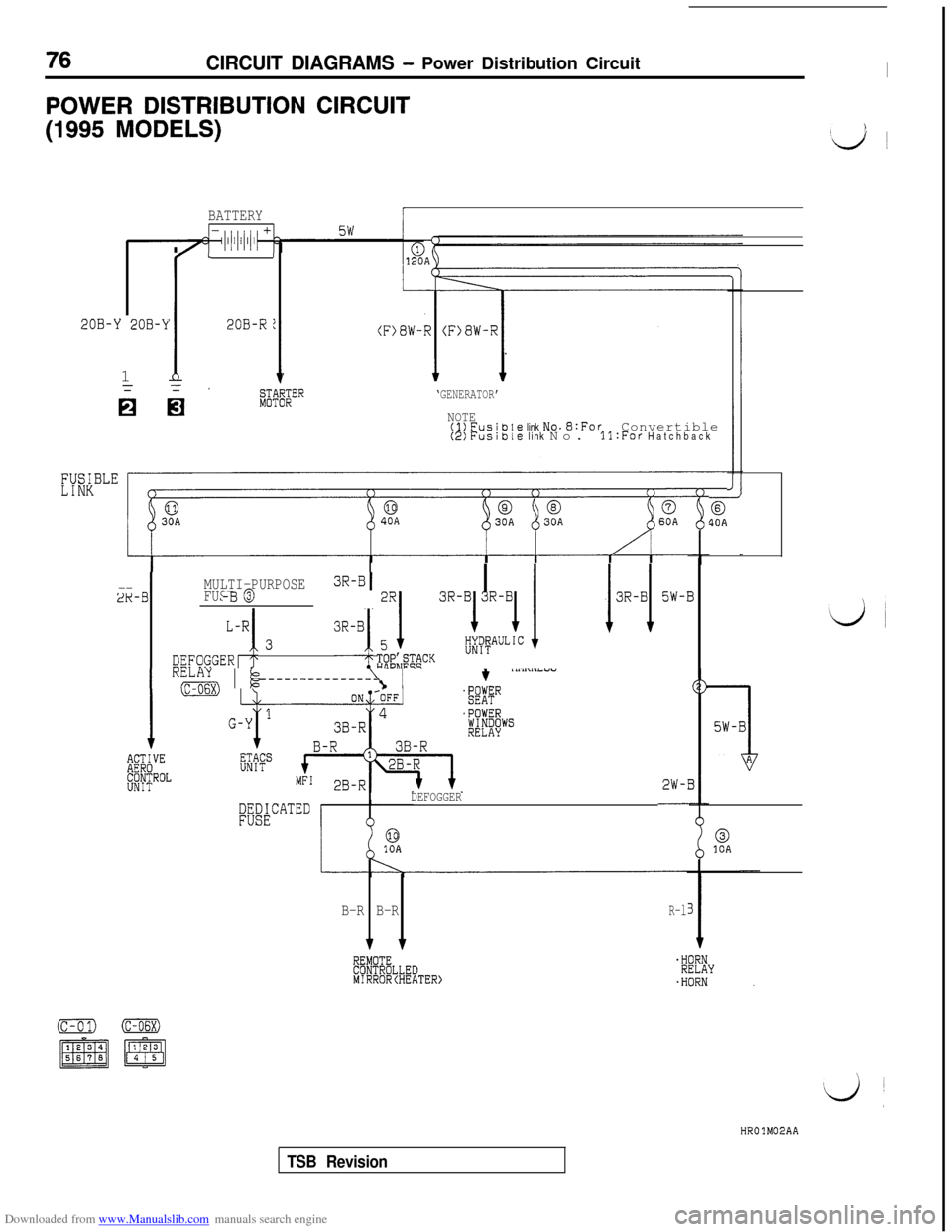 MITSUBISHI 3000GT 1994 2.G Workshop Manual Downloaded from www.Manualslib.com manuals search engine 76CIRCUIT DIAGRAMS - Power Distribution Circuit
POWER DISTRIBUTION CIRCUIT
(1995 MODELS)IlJ 1
BATTERYi
20B-Y 208-Y1
IL .
20B-R
-- 
-ZK-II!I
I
M