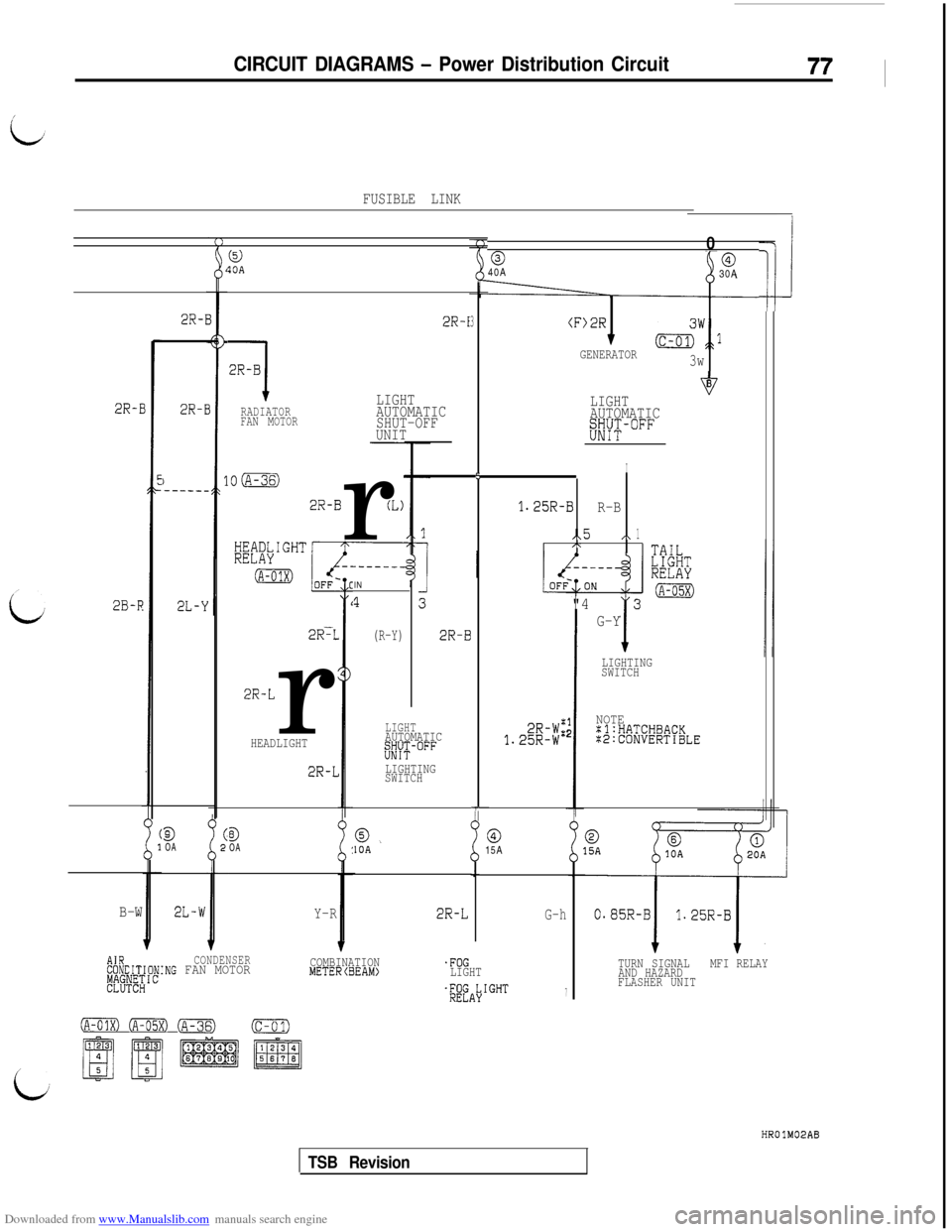 MITSUBISHI 3000GT 1992 2.G Manual PDF Downloaded from www.Manualslib.com manuals search engine CIRCUIT DIAGRAMS - Power Distribution Circuit77I
FUSIBLE LINK
1!
0
0040A
30A
(F)2R
TGENERATOR&w,:l
3w
@ISOA
2R-I2R-l
1
2R-B
LIGHTRADIATOR
FAN M MITSUBISHI 3000GT 1992 2.G Manual PDF Downloaded from www.Manualslib.com manuals search engine CIRCUIT DIAGRAMS - Power Distribution Circuit77I
FUSIBLE LINK
1!
0
0040A
30A
(F)2R
TGENERATOR&w,:l
3w
@ISOA
2R-I2R-l
1
2R-B
LIGHTRADIATOR
FAN M