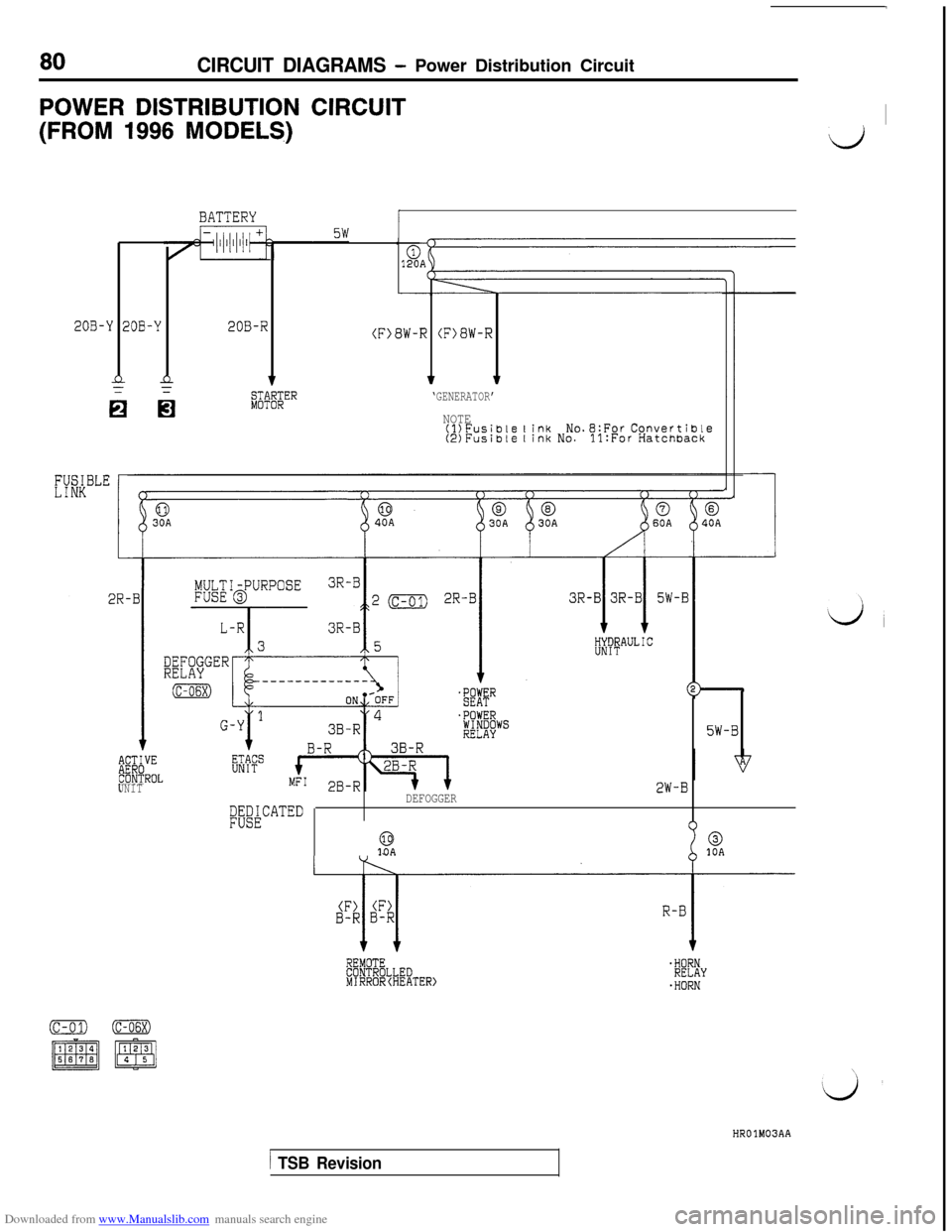 MITSUBISHI 3000GT 1996 2.G Manual Online Downloaded from www.Manualslib.com manuals search engine CIRCUIT DIAGRAMS - Power Distribution Circuit
POWER DISTRIBUTION CIRCUIT
(FROM 1996 MODELS)I
d
BATTERYi
20B-Y 20B-Y20B-R(F>8W-R (F)8W-R
Yn111
h