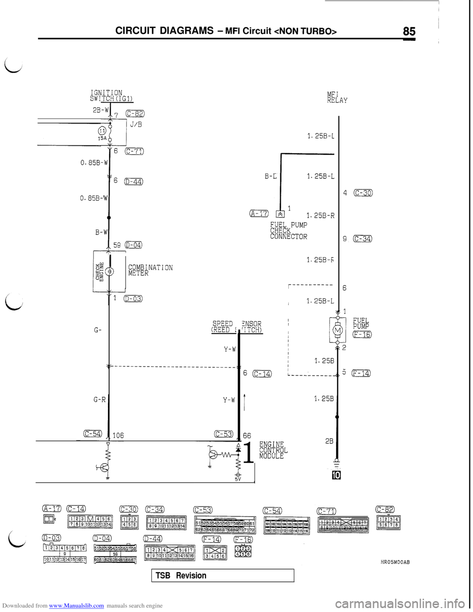 MITSUBISHI 3000GT 1993 2.G Manual Online Downloaded from www.Manualslib.com manuals search engine CIRCUIT DIAGRAMS - MFI Circuit <NON TURBO>
IGNSWI
2B-
0.85~
IT1TCF
-W
3iA
.W
1
W
.W
0.85B-
B-
59 (D-04)-
G-
iTG1)
7@33
I
J/B
S(c-71)
c(D-44)
1