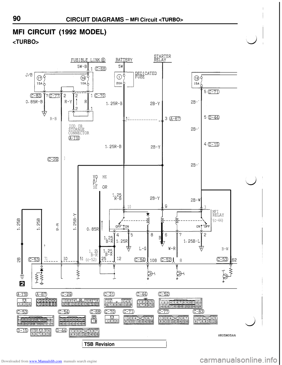 MITSUBISHI 3000GT 1992 2.G Service Manual Downloaded from www.Manualslib.com manuals search engine CIRCUIT DIAGRAMS - MFI Circuit <TURBO>
MFI CIRCUIT (1992 MODEL)
<TURBO>
:RYis:--
;ER:TE
1
WATED
2B-
2B-
2B-
2B-
1
,,l
1.25R-E
IOD ORSTORAGE