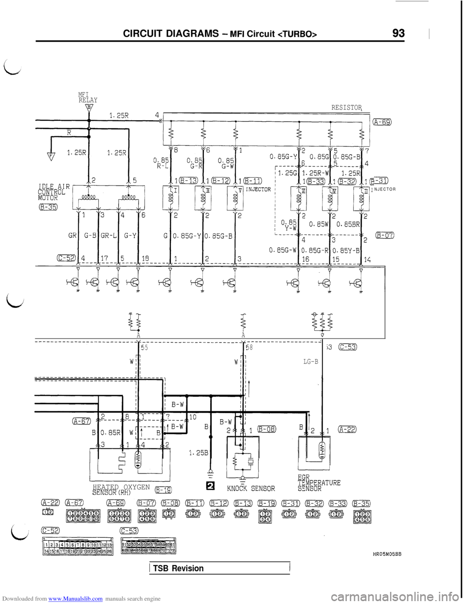 MITSUBISHI 3000GT 1992 2.G Owners Guide Downloaded from www.Manualslib.com manuals search engine CIRCUIT DIAGRAMS - MFI Circuit <TURBO>93 I
MFIRELAY
RESISTOR
AA------------------2
5558
LG-B
-31)NJECTORj3 
jc-53)
HEATED OXYGEN (~-19)SENSORCR