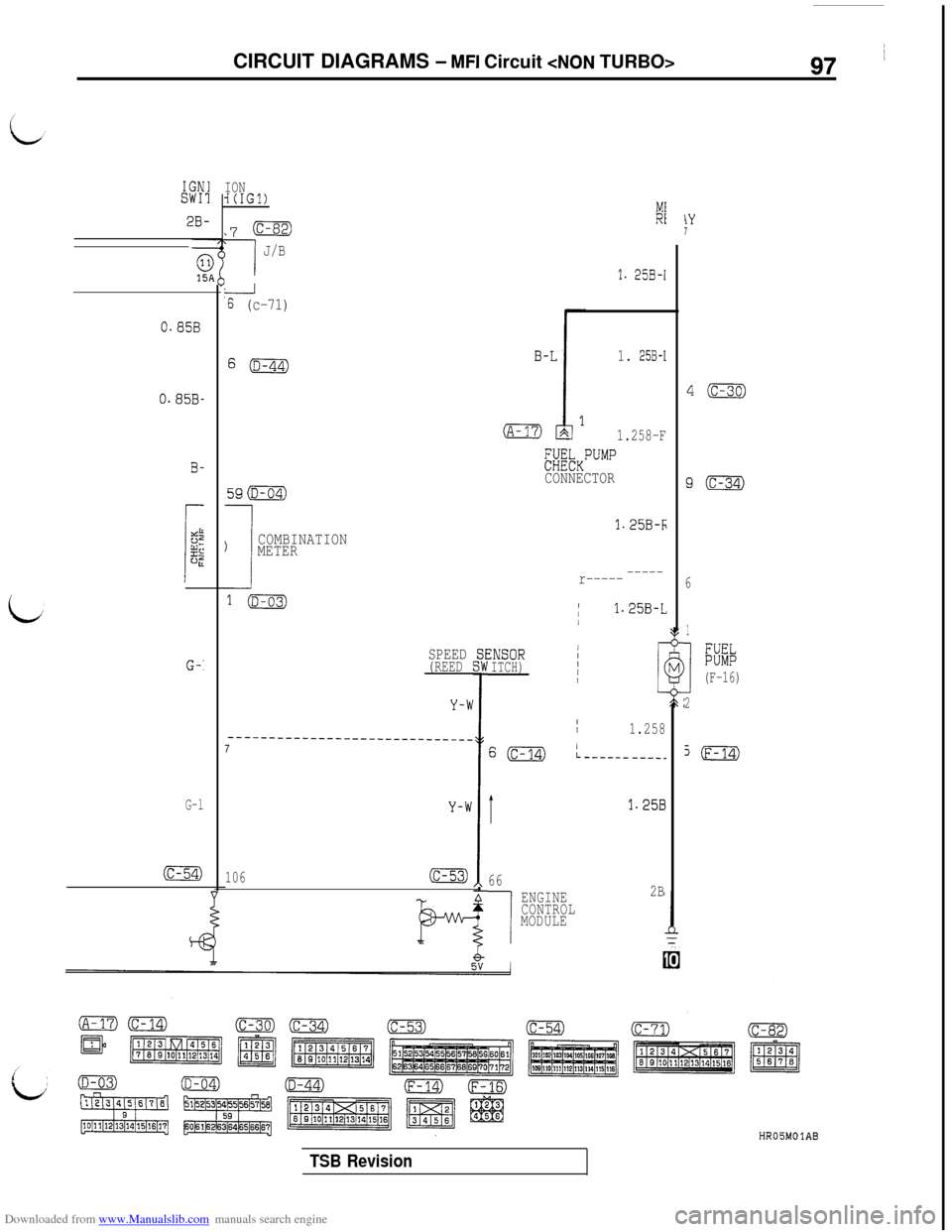 MITSUBISHI 3000GT 1995 2.G Owners Manual Downloaded from www.Manualslib.com manuals search engine CIRCUIT DIAGRAMS - MFI Circuit <NON TURBO>97 ~
IGNISW11
2B-
0.85B
0.85B-
B-
SPEED(REEDZNSOR1/ITCH)IIIG-’4
Y-W
I
II1.258--_-__---__--_~--___-~