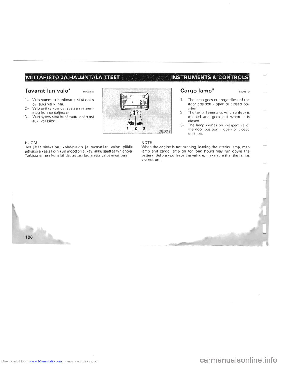 MITSUBISHI PAJERO 1996 2.G Owners Manual Downloaded from www.Manualslib.com manuals search engine MITTARISTO JA HALlINTALAlnEET . INSTRUMENTS & CONTROtS
Tavaratilan valo* HF09B·D
1-Valo sammuu huolimatta siita onko ovi auki vai kiinni. MITSUBISHI PAJERO 1996 2.G Owners Manual Downloaded from www.Manualslib.com manuals search engine MITTARISTO JA HALlINTALAlnEET . INSTRUMENTS & CONTROtS
Tavaratilan valo* HF09B·D
1-Valo sammuu huolimatta siita onko ovi auki vai kiinni.