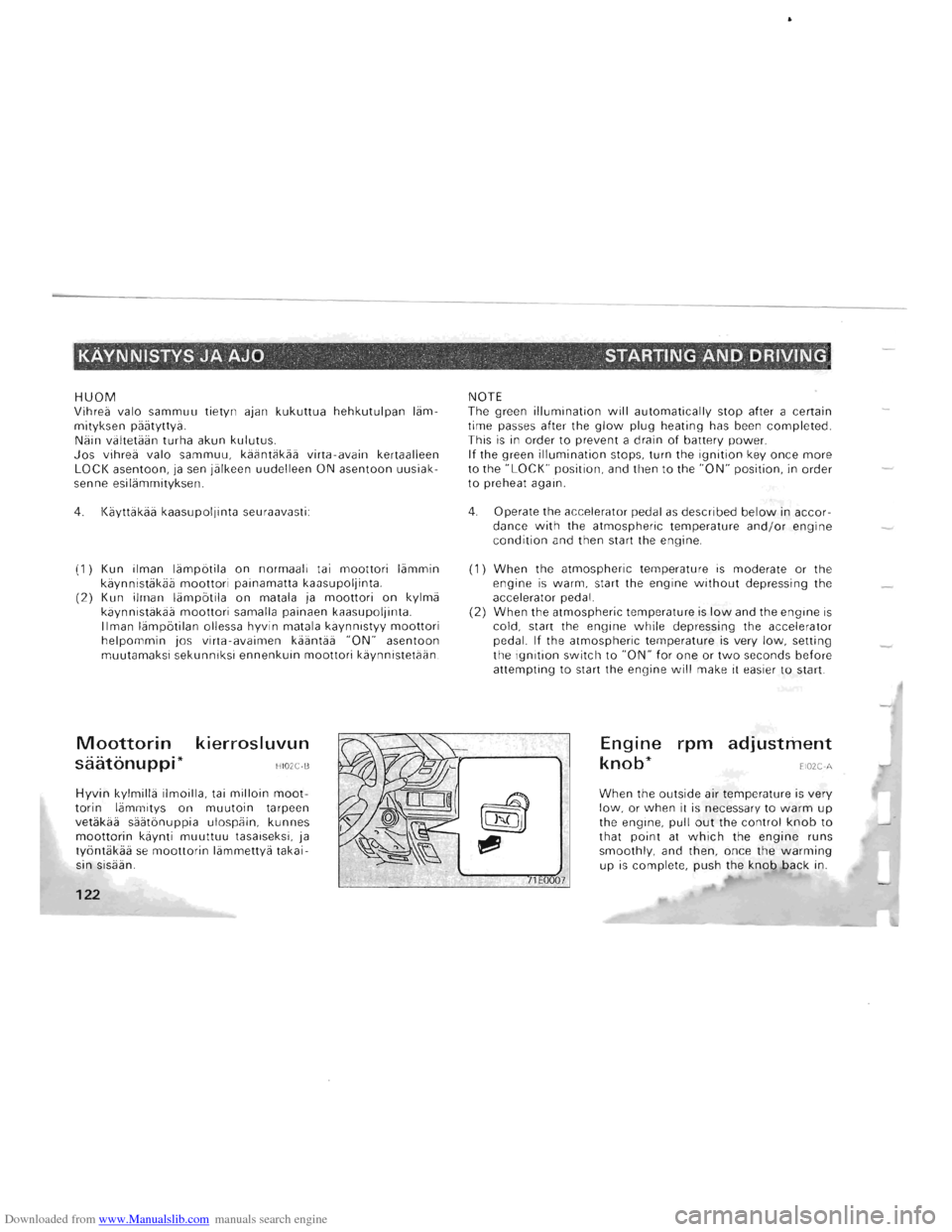 MITSUBISHI PAJERO 1996 2.G Service Manual Downloaded from www.Manualslib.com manuals search engine KAVNNISTYS JA AJO  . STARTING AND DRIVING 
HUOM Vihreii valo sammuu tietyn ajan kukuttua hehkutulpan liim­mityksen piiiityttyii. 
Niiin viilt