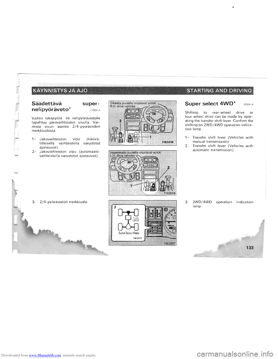 MITSUBISHI PAJERO 1996 2.G Owners Manual Downloaded from www.Manualslib.com manuals search engine ..... 
KAVNNISTYS JA AJO .  . C STARTING AND DRIVING 
Saadettava 
nelipyoraveto* 
super-
HI30A·A 
Vaihto takapyora -tai  nelipyoravedolle tapa