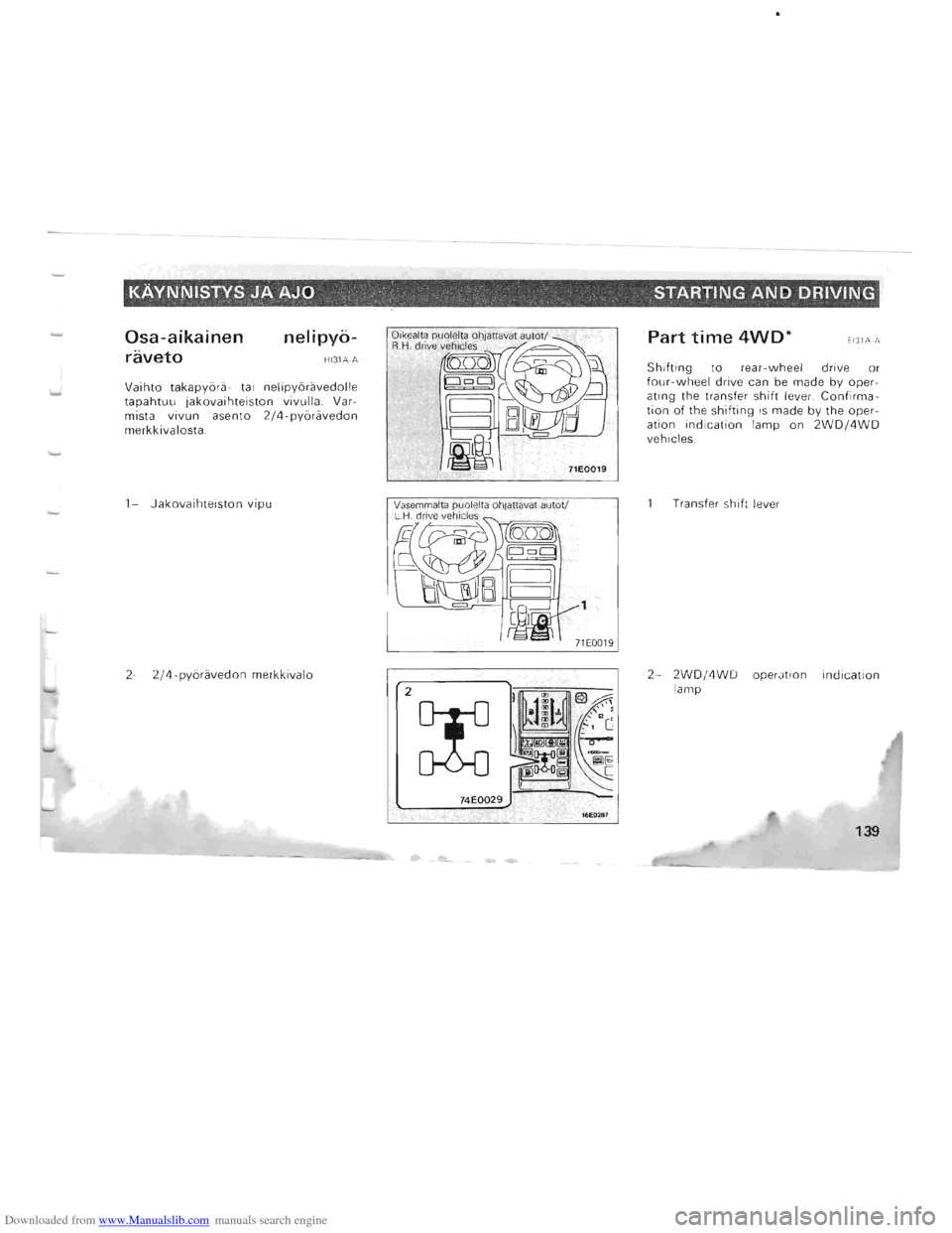 MITSUBISHI PAJERO 1996 2.G Owners Manual Downloaded from www.Manualslib.com manuals search engine -
-
KAYNI\IIS~S JA.AJO ,". STARTING AND DRIVING 
Osa-aikainen 
raveto 
nelipyo-
HI31A· A 
Vaihto takapybra- tai nelipybravedolle tapahtuu jak