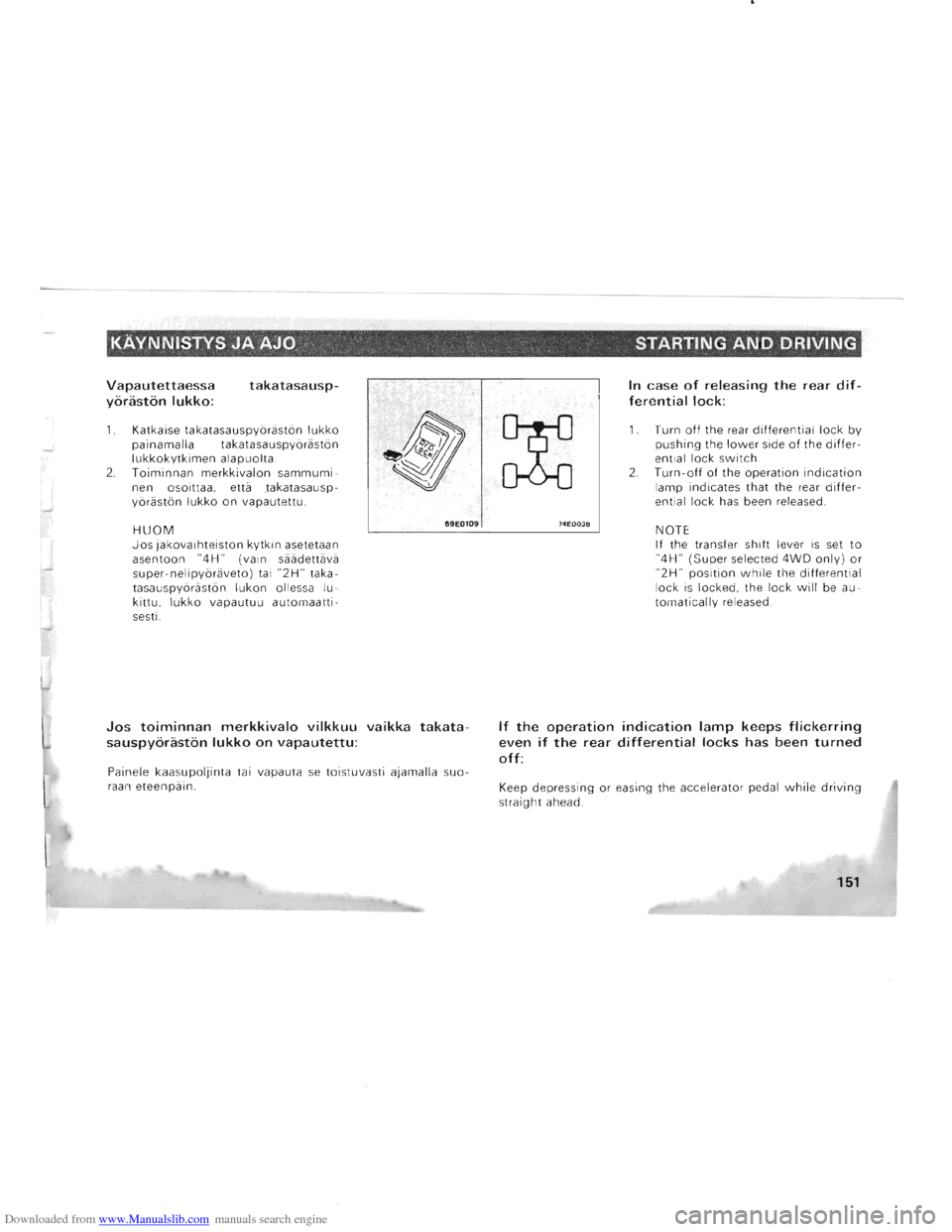 MITSUBISHI PAJERO 1996 2.G Owners Manual Downloaded from www.Manualslib.com manuals search engine KAYNNISTYS JA Ale. STARTING AND DRIVING 
Vapautettaessa 
yoraston lukko: 
takatasausp-
1. Katkaise takatasauspyoraston lukko painamalla  takata