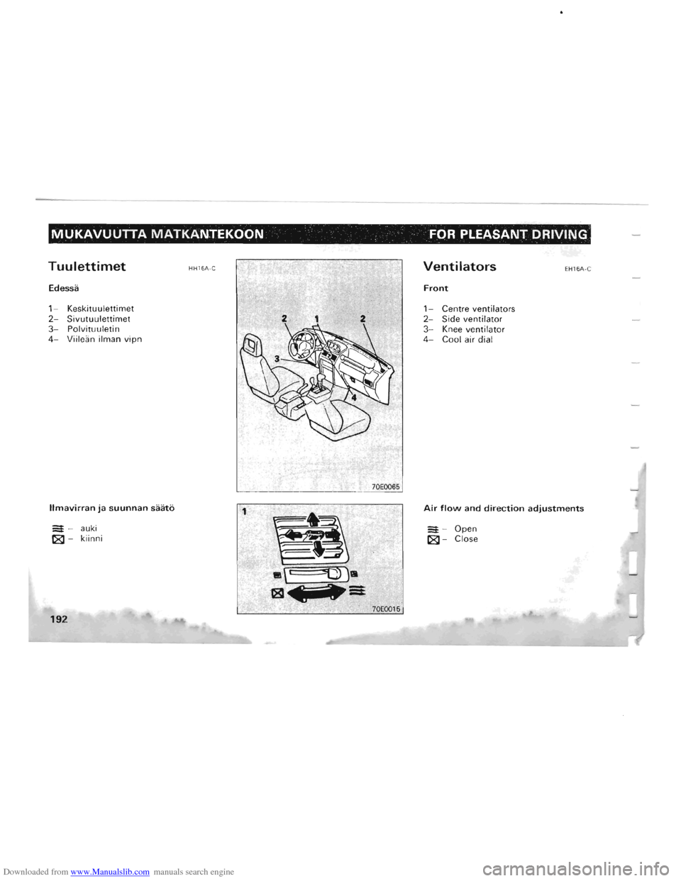 MITSUBISHI PAJERO 1996 2.G Owners Manual Downloaded from www.Manualslib.com manuals search engine MUKAVUUTTA MATKANTEKOON FOR PLEASANT DRIVING
Tuulettimet
Edessa
1- Keskituulettimet
2 -Sivutuulettimet 3 -Polvituuletin 4 - Viileiin ilman MITSUBISHI PAJERO 1996 2.G Owners Manual Downloaded from www.Manualslib.com manuals search engine MUKAVUUTTA MATKANTEKOON FOR PLEASANT DRIVING
Tuulettimet
Edessa
1- Keskituulettimet
2 -Sivutuulettimet 3 -Polvituuletin 4 - Viileiin ilman