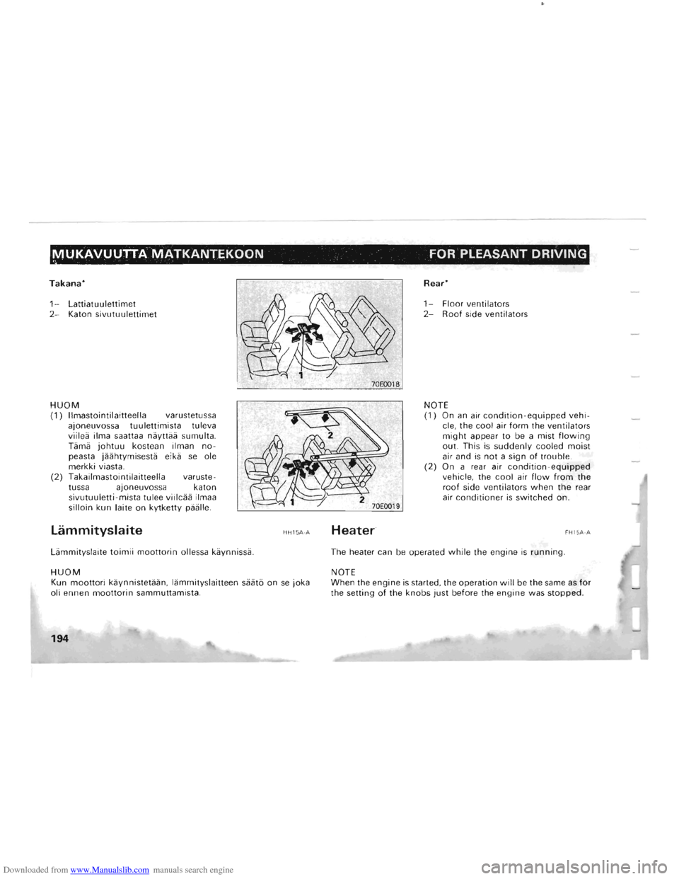 MITSUBISHI PAJERO 1996 2.G Owners Manual Downloaded from www.Manualslib.com manuals search engine MUKAVUUlTA MATKANTEKOON FOR PLEASANT DRIVING
Takana*
1-Lattiatuulettimet 2-Katon sivutuulettimet
HUOM (1) IImastointilaitteelia varustetuss MITSUBISHI PAJERO 1996 2.G Owners Manual Downloaded from www.Manualslib.com manuals search engine MUKAVUUlTA MATKANTEKOON FOR PLEASANT DRIVING
Takana*
1-Lattiatuulettimet 2-Katon sivutuulettimet
HUOM (1) IImastointilaitteelia varustetuss