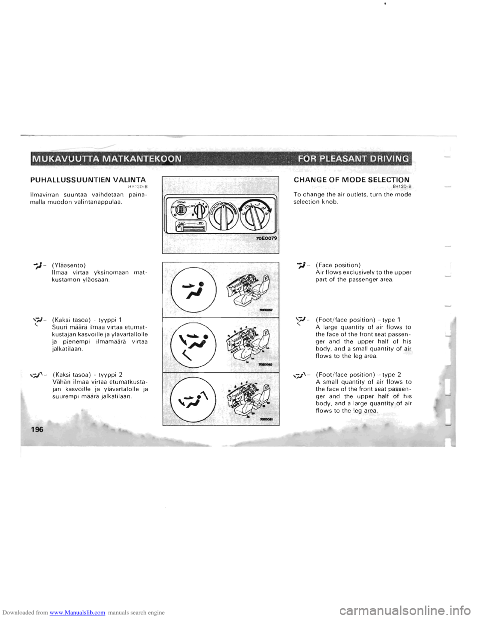 MITSUBISHI PAJERO 1996 2.G Owners Manual Downloaded from www.Manualslib.com manuals search engine MUKAVUUTTA MATKANTEKOON FOR PLEASANT DRIVING 
PUHALLUSSUUNTIEN VALINTA HH13D·B 
Ilmavirran  suuntaa vaihdetaan  paina­
malla muodon valintana