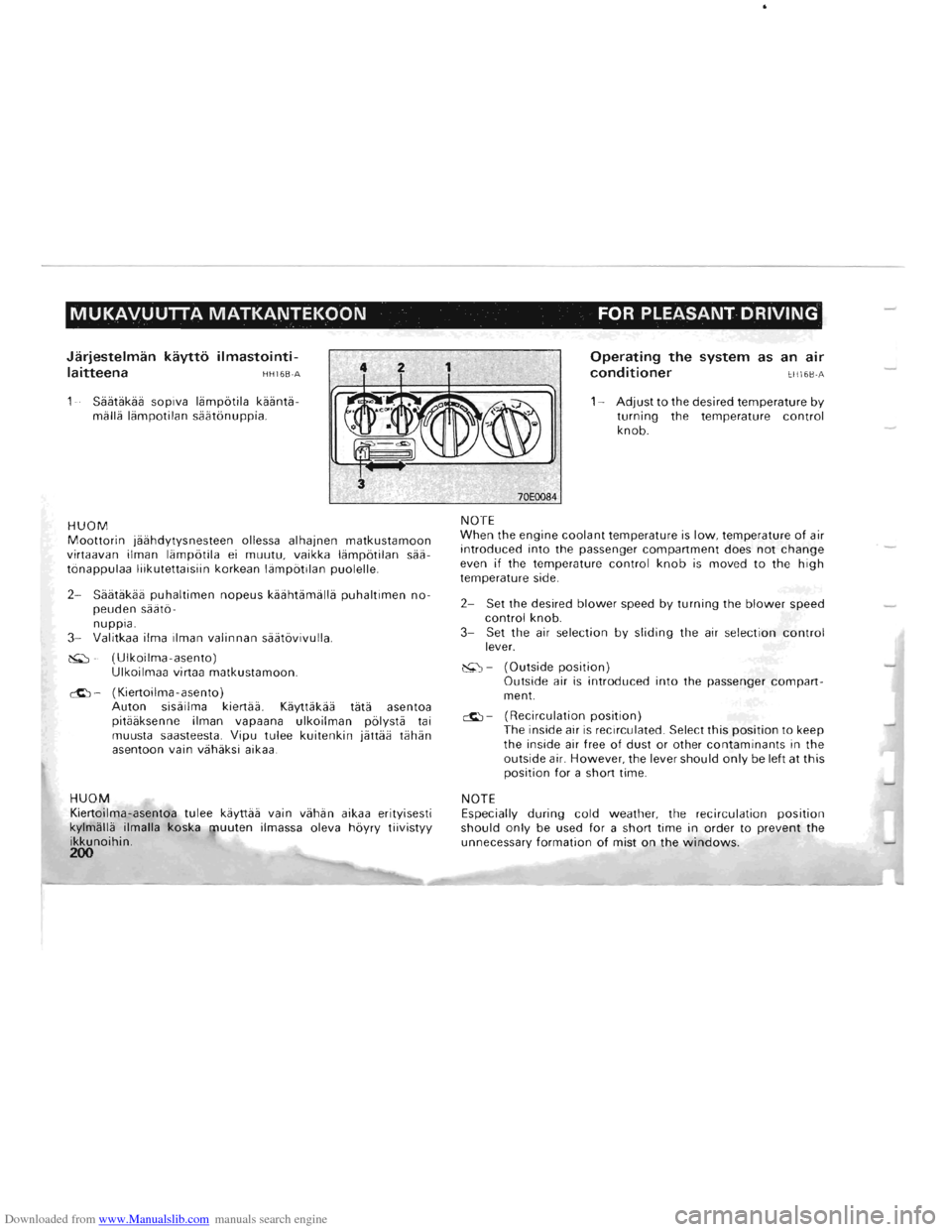 MITSUBISHI PAJERO 1996 2.G Service Manual Downloaded from www.Manualslib.com manuals search engine MUKAVUUTTA MATKANTEKOON FOR PLEASANT  DRIVING 
Jarjestelman kaytto ilmastointi­
laitteena HH16B-A 
1-Saatakaa  sopiva lampotila kaanta­
malla