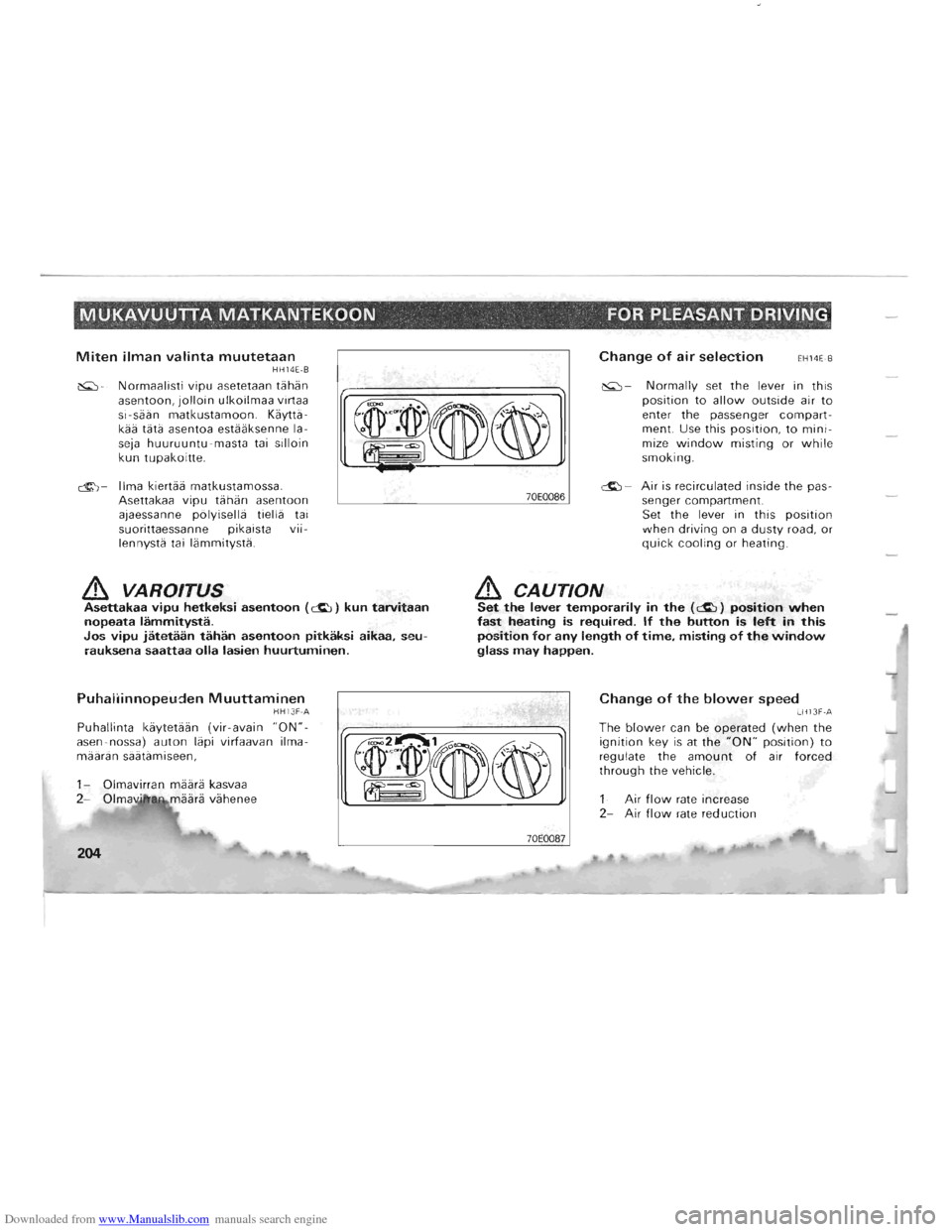 MITSUBISHI PAJERO 1996 2.G Service Manual Downloaded from www.Manualslib.com manuals search engine --------------------
• • t 
MUKAVUUTTA, MATKANTEKOON   FOR PLEASANT DRIVIN~. 
Miten ilman valinta muutetaan HH14E-8 Change of air selecti