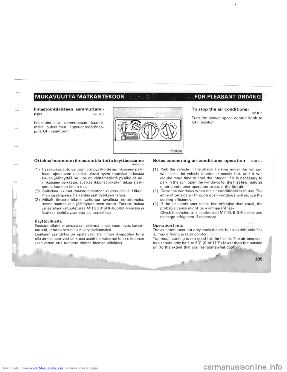 MITSUBISHI PAJERO 1996 2.G Service Manual Downloaded from www.Manualslib.com manuals search engine MUKAVUUTTA MATKANTEKOON .  . FOR PLEASANT  DRIVING 
IImastointilaitteen sammuttami-To stop the air conditioner 
nen HH14F-C  EH14F
-C 
Ilmastoi