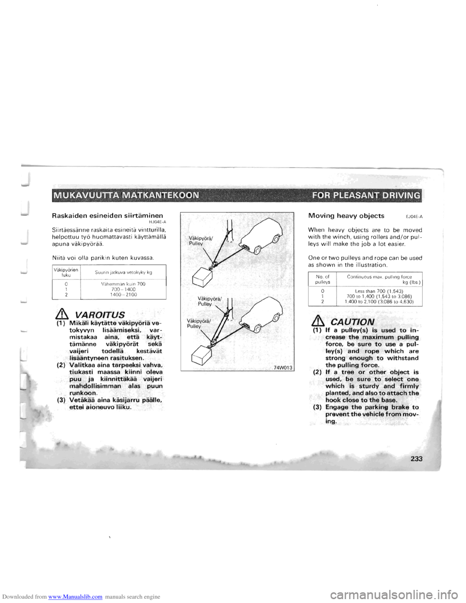 MITSUBISHI PAJERO 1996 2.G Owners Manual Downloaded from www.Manualslib.com manuals search engine MUKAVUUTTA MATKANTEKOON FOR PLEASANT DRIVING
Raskaiden esineiden siirtaminen HJ04E-A
Siirtaessanne raskaita esineita vintturilla, helpottuu MITSUBISHI PAJERO 1996 2.G Owners Manual Downloaded from www.Manualslib.com manuals search engine MUKAVUUTTA MATKANTEKOON FOR PLEASANT DRIVING
Raskaiden esineiden siirtaminen HJ04E-A
Siirtaessanne raskaita esineita vintturilla, helpottuu