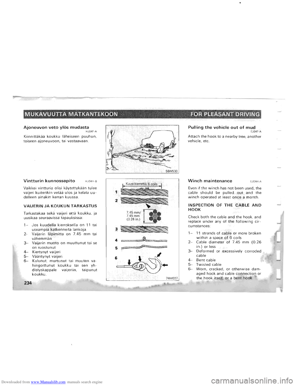 MITSUBISHI PAJERO 1996 2.G Owners Manual Downloaded from www.Manualslib.com manuals search engine MUKAVUUTTA MATKANTEKOON FOR PLEAsANT DRIVING
Ajoneuvon veto ylas mudasta HJ04F -A
Kiinnittakaa koukku laheiseen puuhun, toiseen ajoneuvoon, t MITSUBISHI PAJERO 1996 2.G Owners Manual Downloaded from www.Manualslib.com manuals search engine MUKAVUUTTA MATKANTEKOON FOR PLEAsANT DRIVING
Ajoneuvon veto ylas mudasta HJ04F -A
Kiinnittakaa koukku laheiseen puuhun, toiseen ajoneuvoon, t