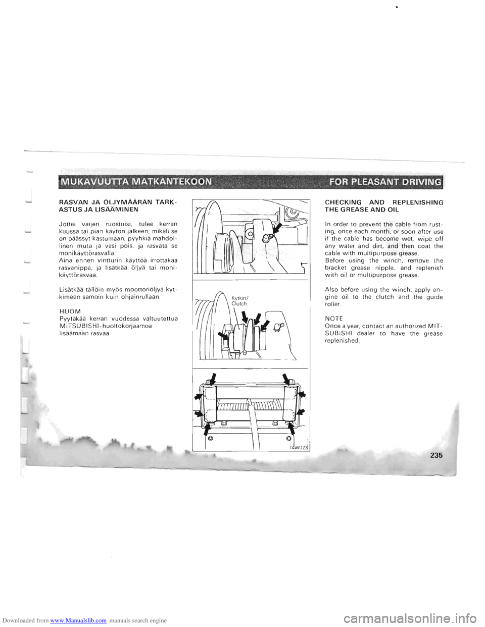 MITSUBISHI PAJERO 1996 2.G Owners Manual Downloaded from www.Manualslib.com manuals search engine MUKAVUUTTA MATKANTEKqON ,. FOR PLEASANT  DRIVING 
RASVAN JA OLJYMAARAN TARK­ASTUS JA LlsAAMINEN 
Jottei vaijeri ruostuisi , tulee  kerran 
kuu