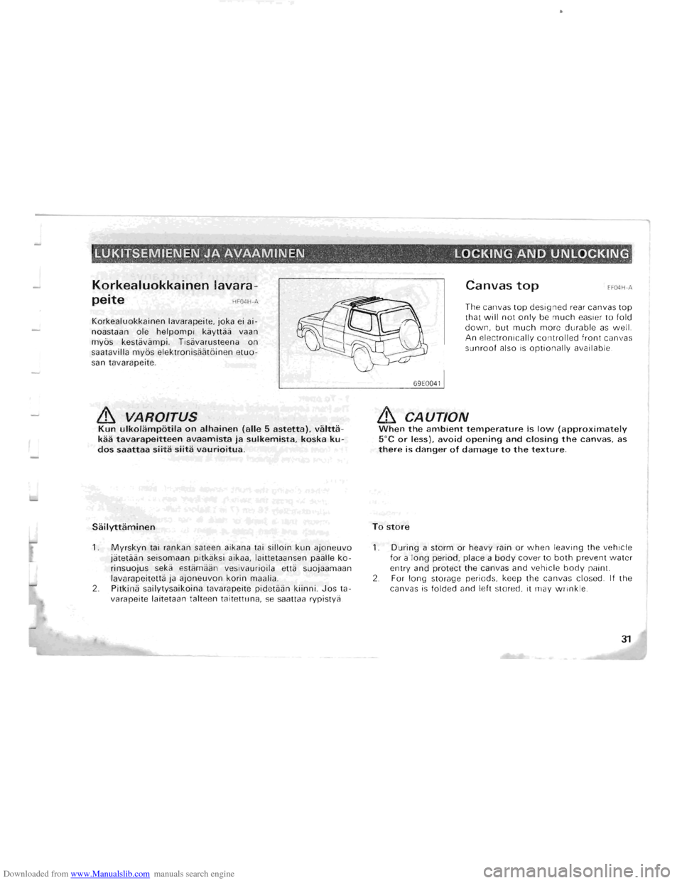 MITSUBISHI PAJERO 1996 2.G Owners Manual Downloaded from www.Manualslib.com manuals search engine LUKITSEMIENEN JA AVAAMINEN LOCKING AND UNLOCKING " (¥ " •
Korkealuokkainen lavara-
peite HFOliH-."
Korkealuokkainen lavarapeite, joka e MITSUBISHI PAJERO 1996 2.G Owners Manual Downloaded from www.Manualslib.com manuals search engine LUKITSEMIENEN JA AVAAMINEN LOCKING AND UNLOCKING " (¥ " •
Korkealuokkainen lavara-
peite HFOliH-."
Korkealuokkainen lavarapeite, joka e