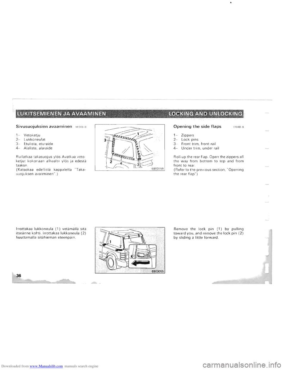 MITSUBISHI PAJERO 1996 2.G Owners Guide Downloaded from www.Manualslib.com manuals search engine Sivusuojuksien avaaminen HF04BB 
1-Vetoketju 2-Lukkoneulat 3 -Etulista , eturaide 4-Alalista,  alaraide 
Rullatkaa  takasuojus 
ylas Avatkaa ve