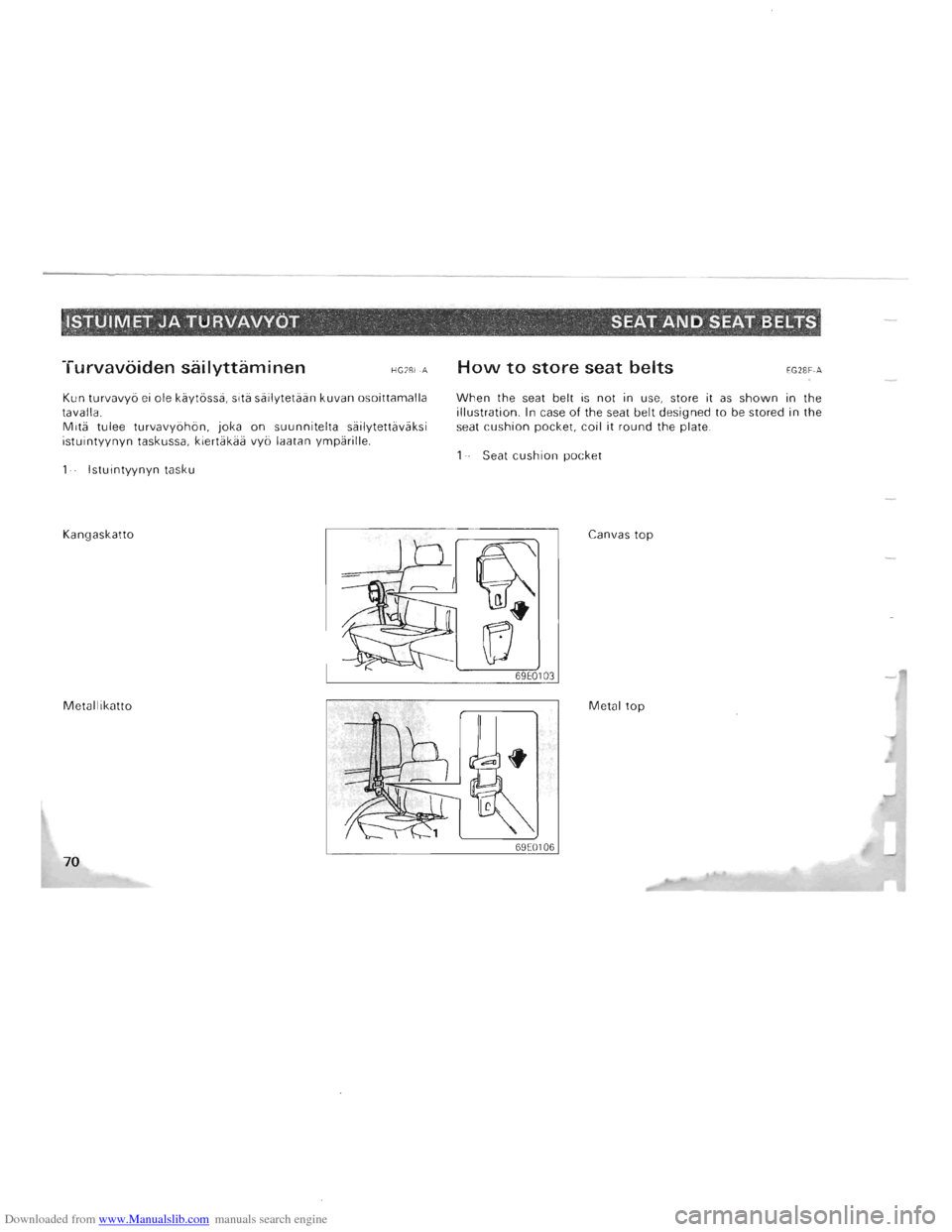 MITSUBISHI PAJERO 1996 2.G Repair Manual Downloaded from www.Manualslib.com manuals search engine ISTUIMET JA TURVAVVOT SEAT AND SEAT BELTS ," ..
Turvavoiden sailyttaminen HG28F -A
Kun turvavyo ei ole kiiytossii, sitii siiilytetiiii MITSUBISHI PAJERO 1996 2.G Repair Manual Downloaded from www.Manualslib.com manuals search engine ISTUIMET JA TURVAVVOT SEAT AND SEAT BELTS ," ..
Turvavoiden sailyttaminen HG28F -A
Kun turvavyo ei ole kiiytossii, sitii siiilytetiiii