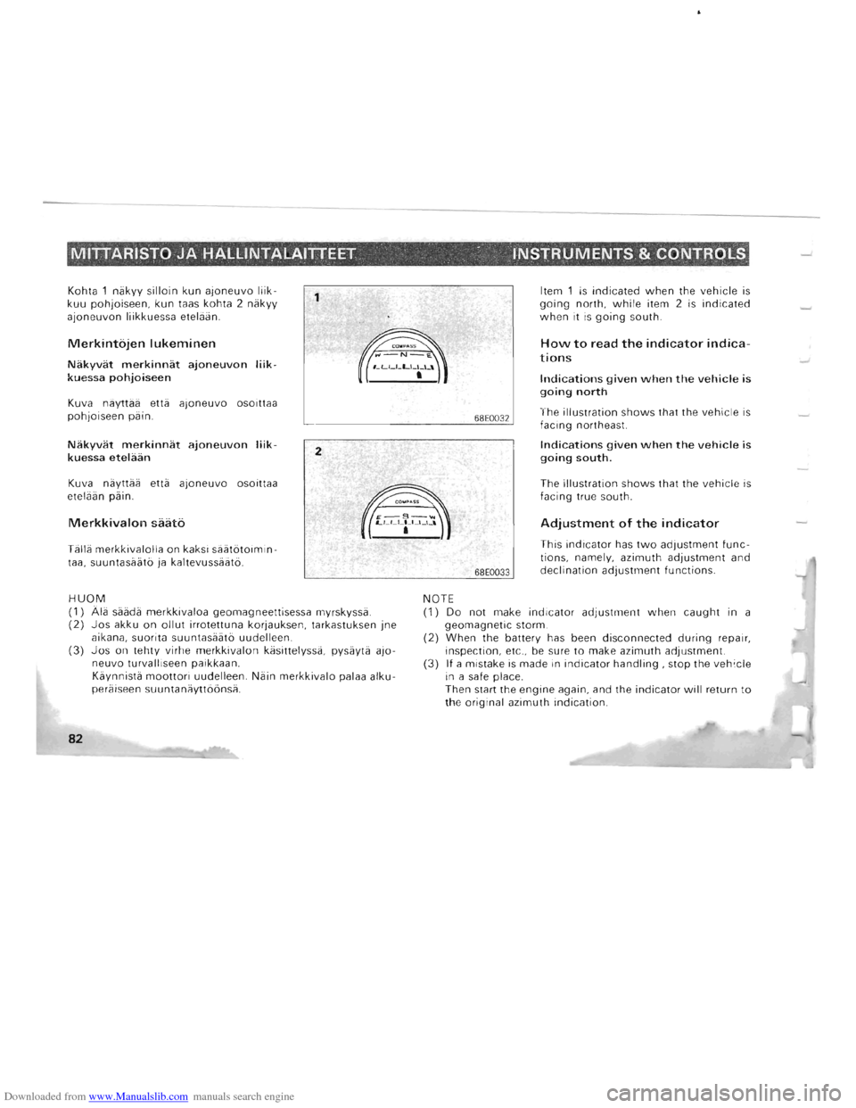 MITSUBISHI PAJERO 1996 2.G Owners Manual Downloaded from www.Manualslib.com manuals search engine MITTARISTO JA HALLINTALAITTEET  -INSTRUMENTS.&  CONTROLS 
Kohta  1 nakyy silloin kun ajoneuvo liik ­kuu pohjoiseen , kun  taas  kohta  2 nakyy