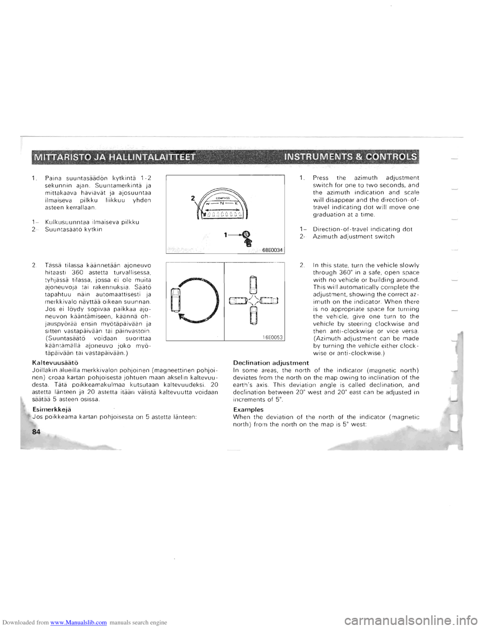 MITSUBISHI PAJERO 1996 2.G User Guide Downloaded from www.Manualslib.com manuals search engine MrrrARISTO JA HALLINTALAITrEET  INSTRUMENTS & CONTROLS. _. : v 
1.  Paina  suuntasiiiidi::in kytkintii 1-2 sekunnin ajan. Suuntamerkintii j