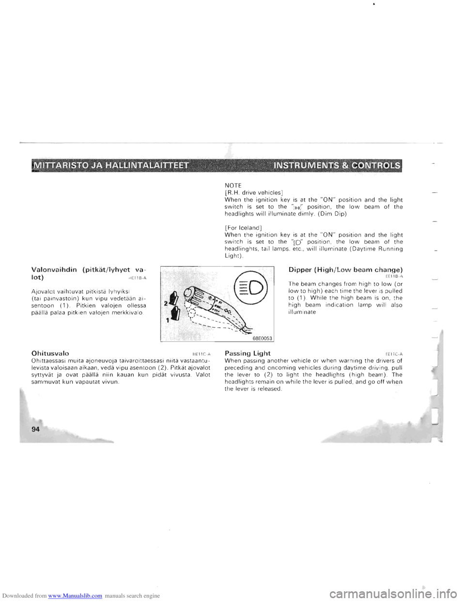 MITSUBISHI PAJERO 1996 2.G Owners Manual Downloaded from www.Manualslib.com manuals search engine MITTARISTO JA HAlLiNTAlAITTEET ,~ ~ ,  . :INSTRUMENTS i.CONTROlS 
Valonvaihdin (pitkiit/lyhyet va­
lot) HEllB·A 
Ajovalot vaihtuvat pitkista 