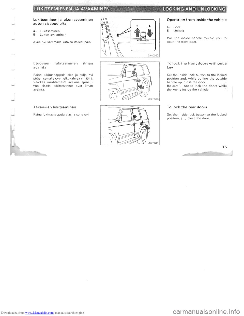 MITSUBISHI PAJERO 1996 2.G Owners Manual Downloaded from www.Manualslib.com manuals search engine Lukitseminen ja lukon avaaminen 
auton sisapuolelta 
4-Lukitseminen 5-Lukon avaaminen 
Avaa  ovi vetamalla  kahvaa 
itseesi pi:iin. 
Etuovien 
