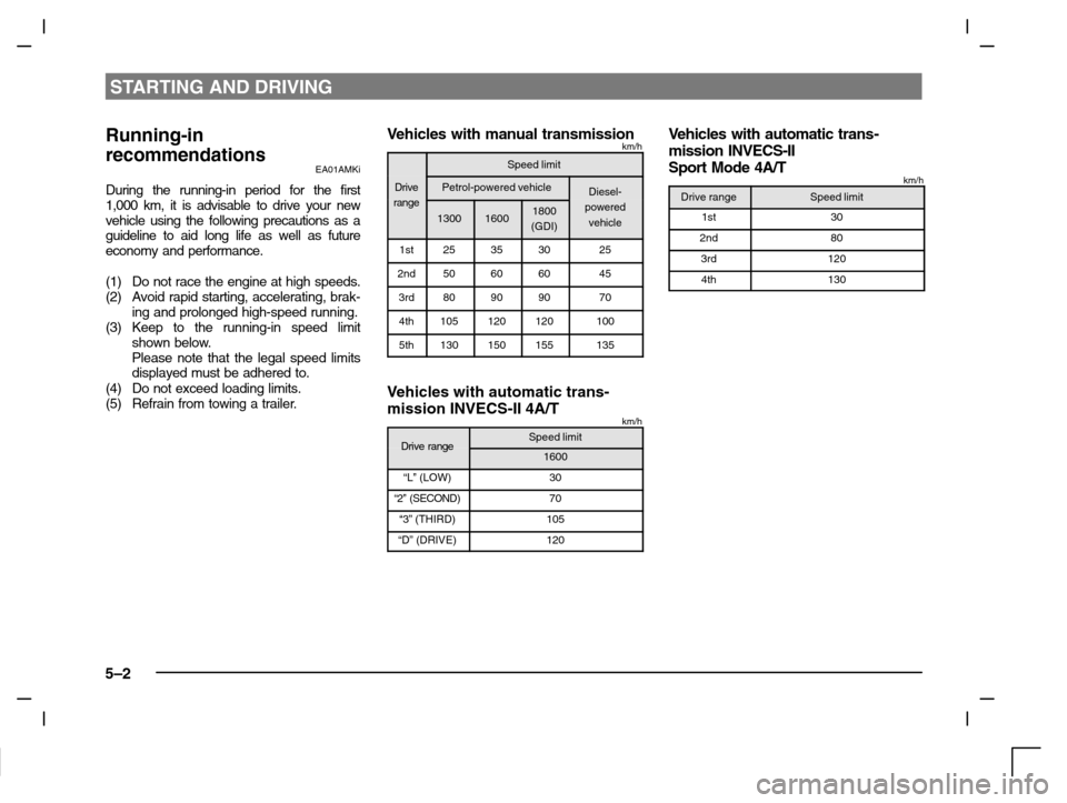 MITSUBISHI CARISMA 2000 1.G Owners Manual STARTING AND DRIVING
5–2
Running-in
recommendations
EA01AMKi
During the running-in period for the first
1,000 km, it is advisable to drive your new
vehicle using the following precautions as a
guide