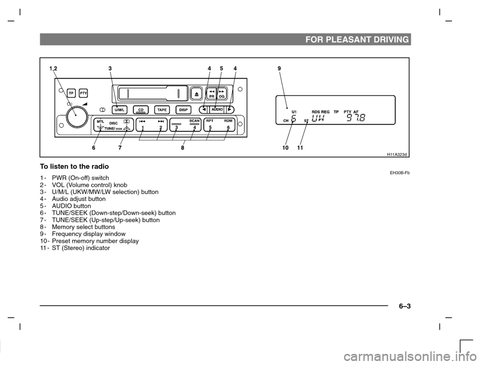 MITSUBISHI CARISMA 2000 1.G Owners Manual FOR PLEASANT DRIVING
6–3
H11A323d
To listen to the radioEH30B-Fb1-PWR (On-off) switch
2-VOL (Volume control) knob
3-U/M/L (UKW/MW/LW selection) button
4-Audio adjust button
5-AUDIO button
6-TUNE/SEE